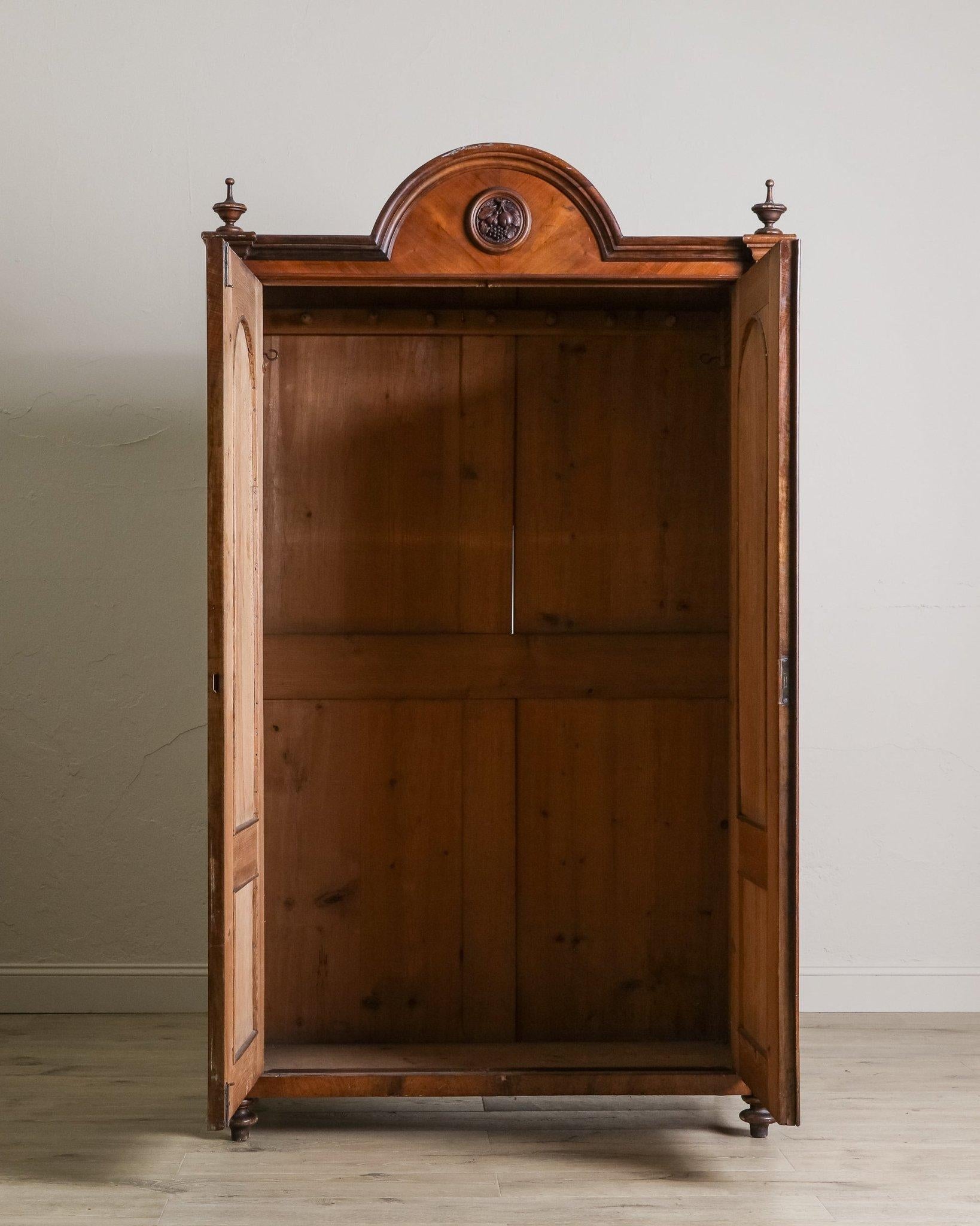 Pair of 19th Century Olive Burlwood & Mahogany Armoires w/ Fruit Carvings In Good Condition For Sale In Los Angeles, CA