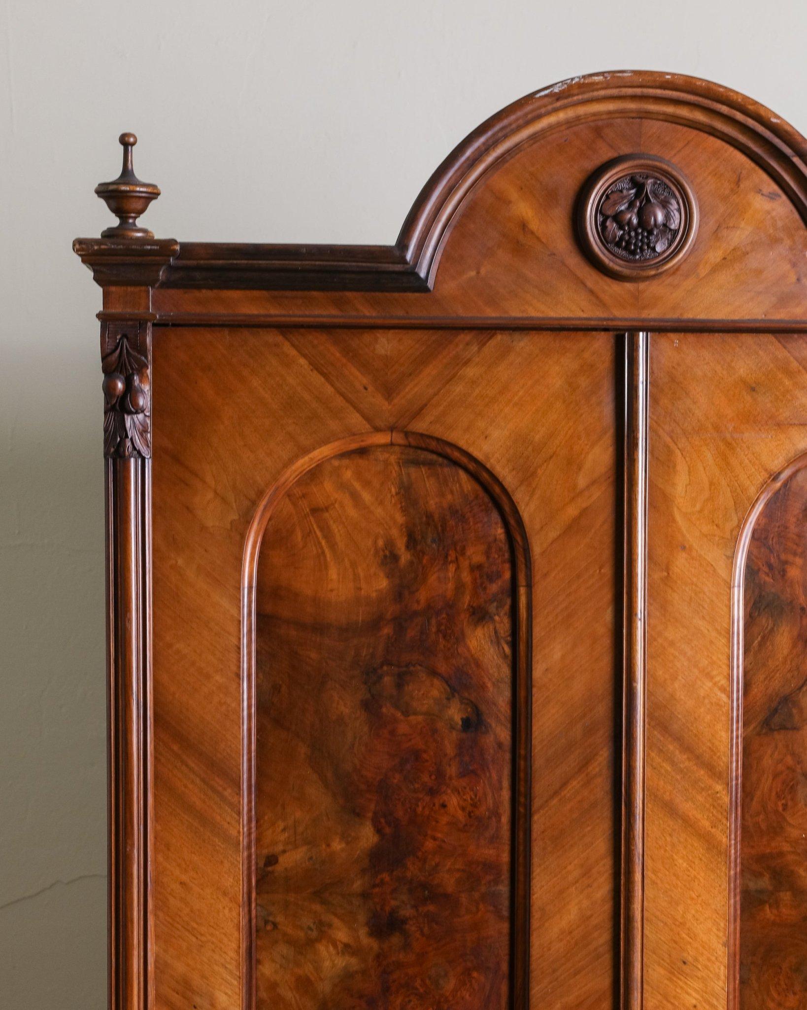 Wood Pair of 19th Century Olive Burlwood & Mahogany Armoires w/ Fruit Carvings For Sale