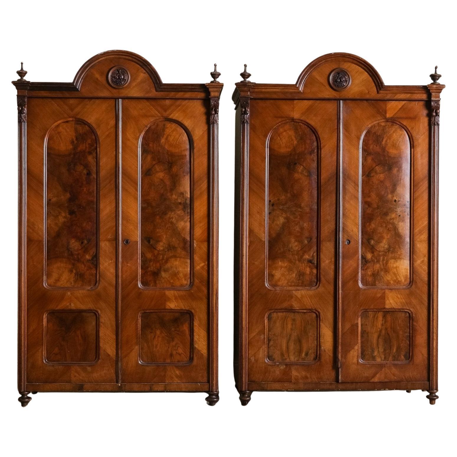 Pair of 19th Century Olive Burlwood & Mahogany Armoires w/ Fruit Carvings For Sale