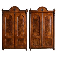 Antique Pair of 19th Century Olive Burlwood & Mahogany Armoires w/ Fruit Carvings