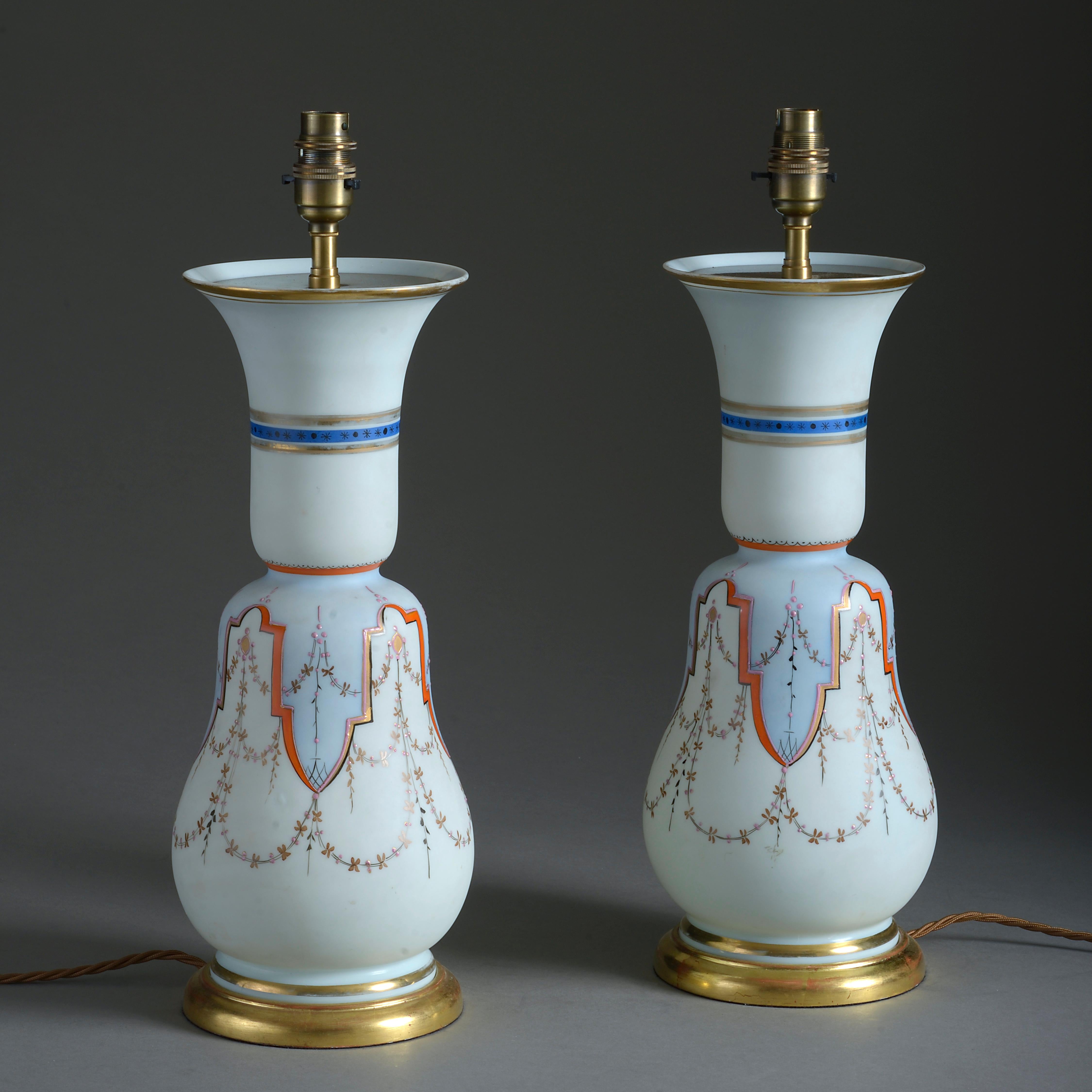 French Pair of 19th Century Opaline Glass Vase Lamps