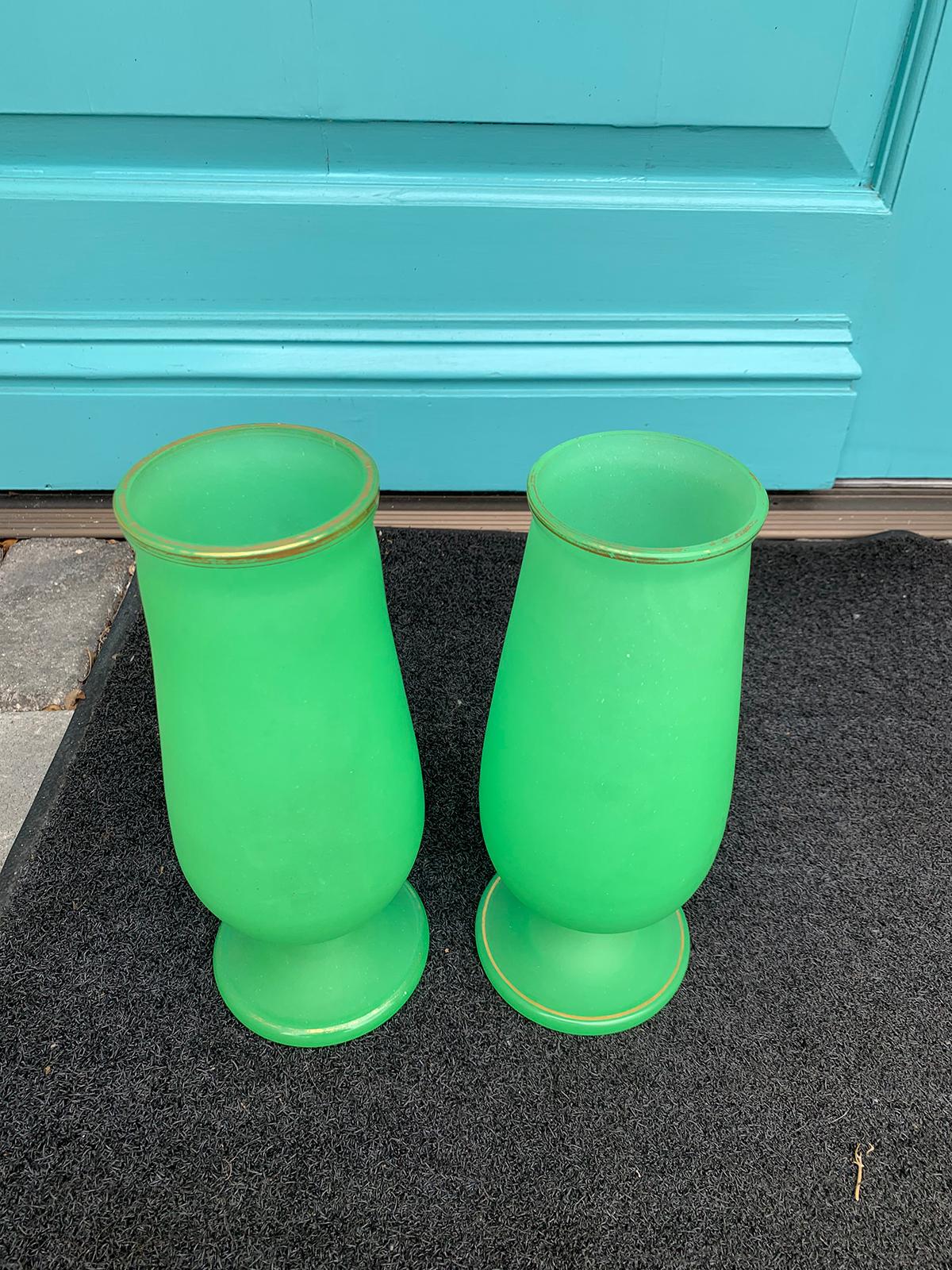 Pair of 19th Century Opaline Green Vases with Dated Sticker, circa 1820 6