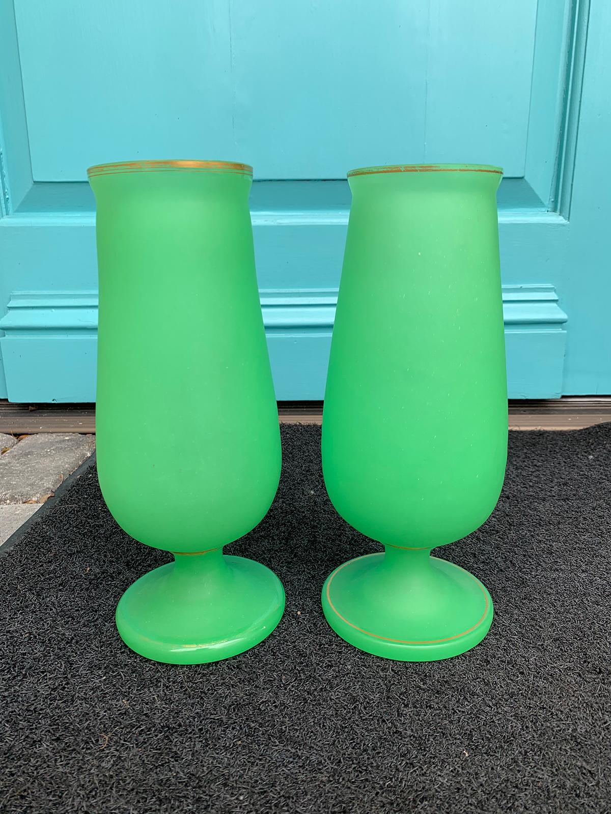 Pair of 19th century opaline green vases with dated sticker, circa 1820.