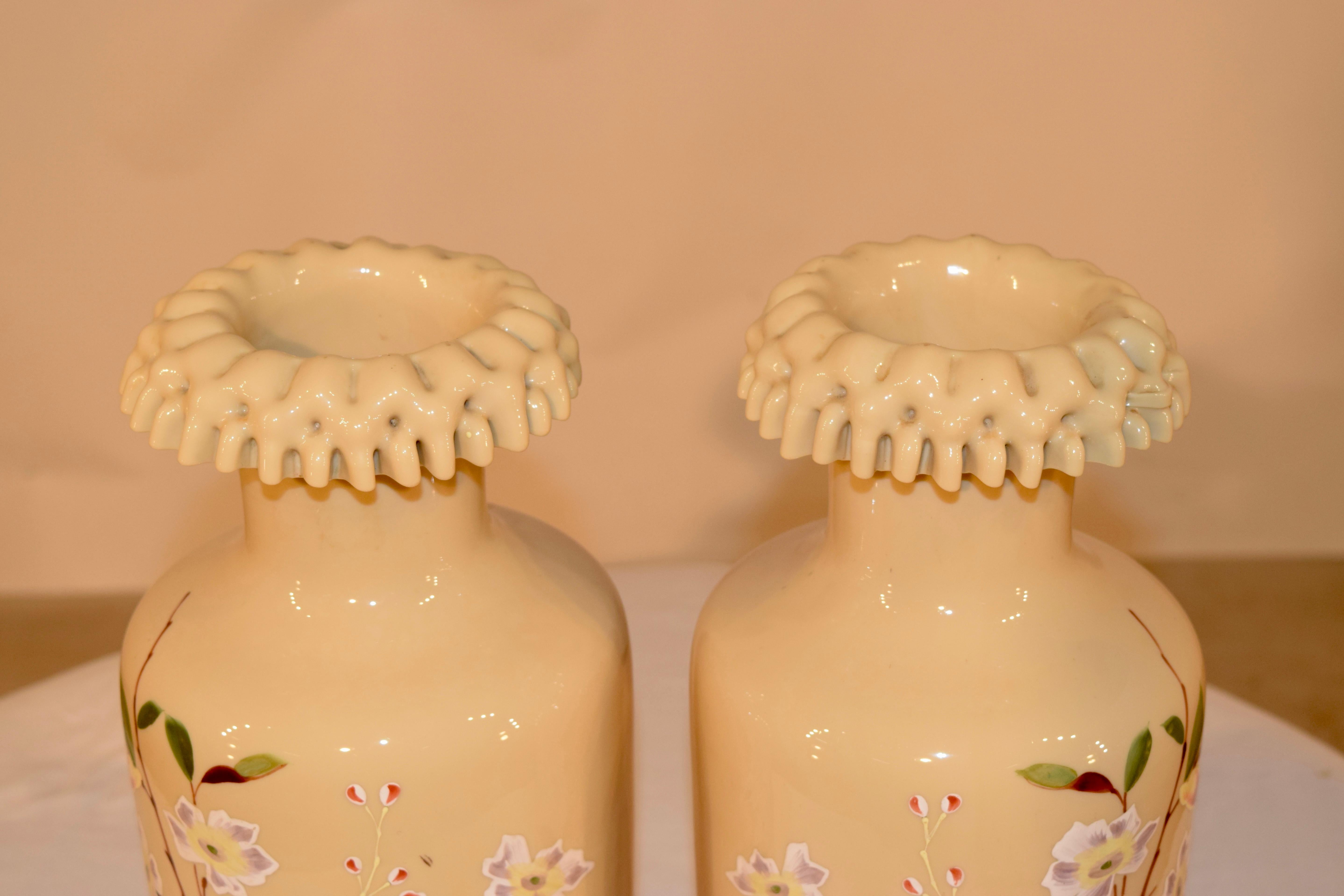Glass Pair of 19th Century Opaline Vases For Sale