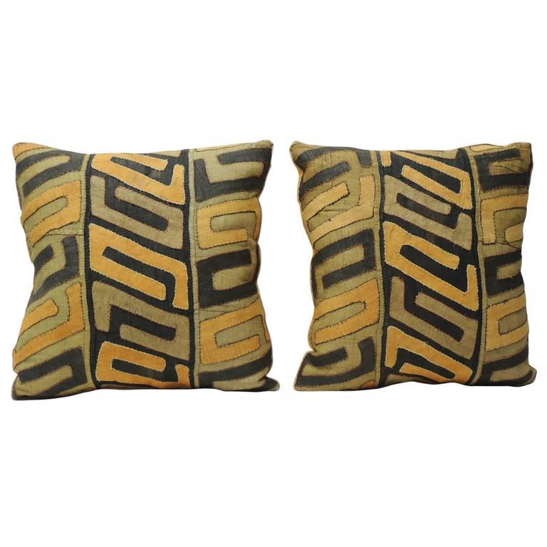 Hand-Crafted Pair of 19th Century Orange African Kuba Decorative Textured Finish Pillows