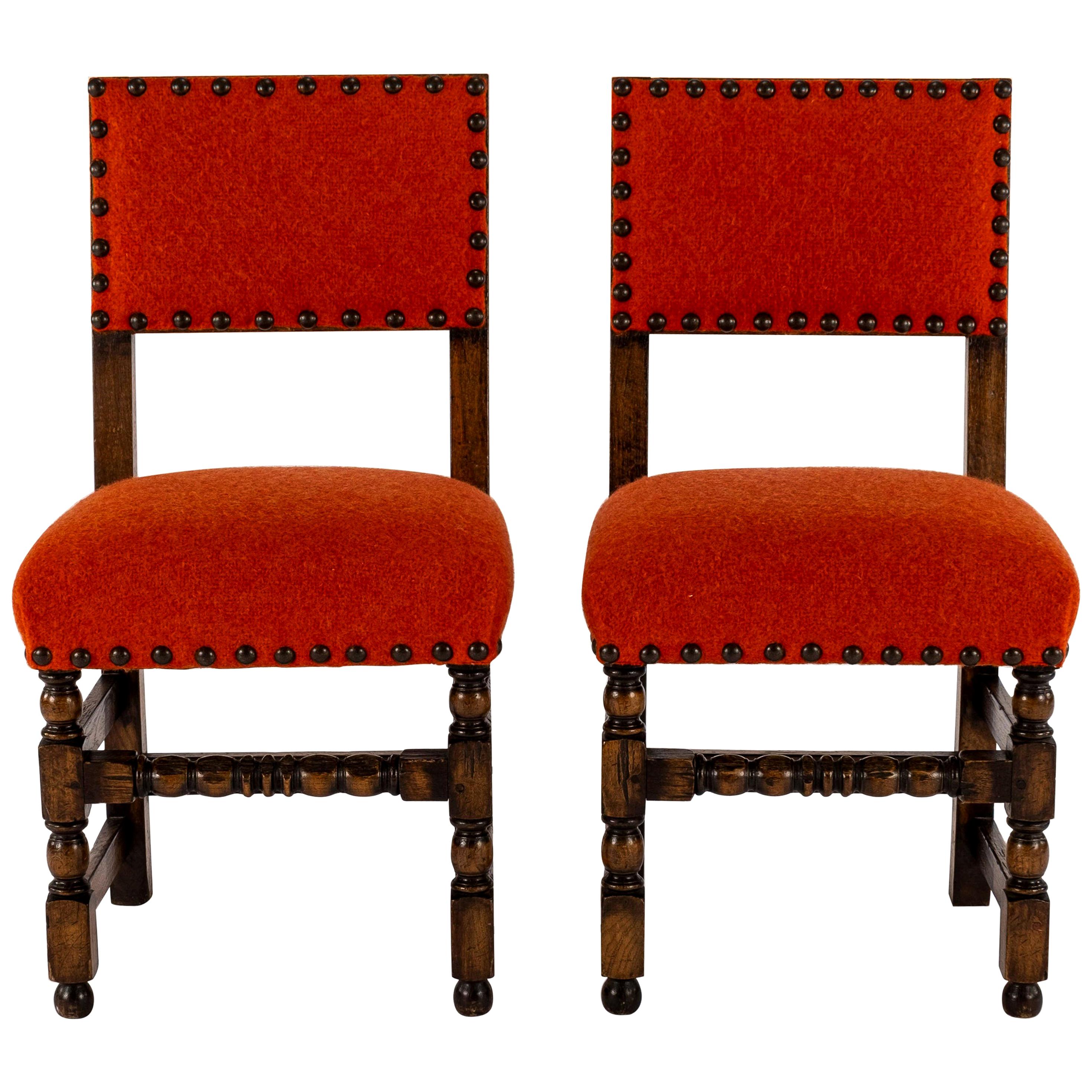 Pair of 19th Century Orange Red Louis XIII Style Walnut Chairs