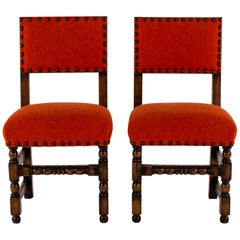 Pair of 19th Century Orange Red Louis XIII Style Walnut Chairs