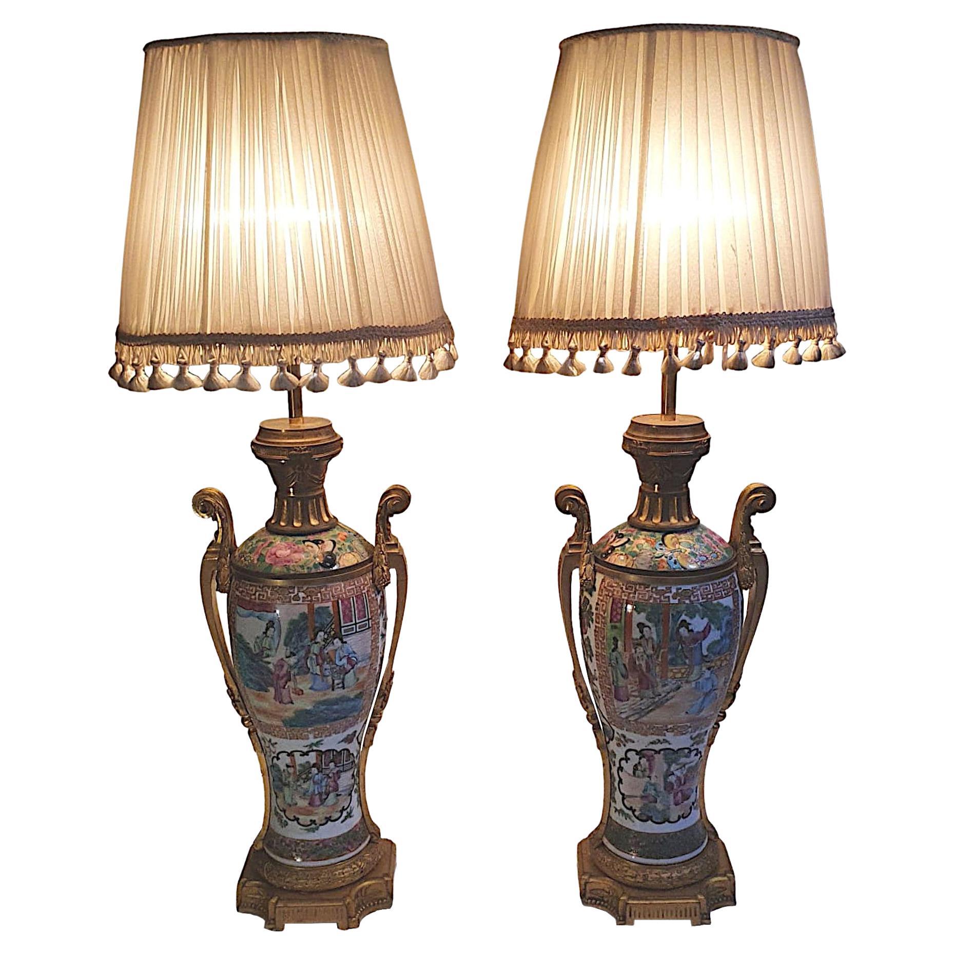 Pair of Ceramic Oriental Table Lamps, Decoration, Bronze, 19th C. For Sale at 1stDibs