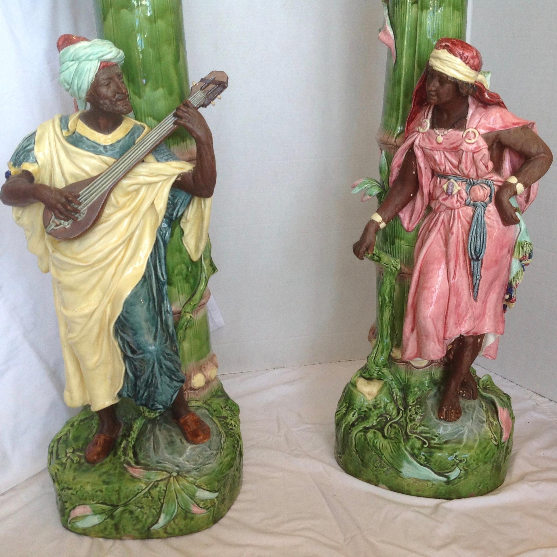 Austrian Pair of 19th Century Orientalist Majolica Pedestals