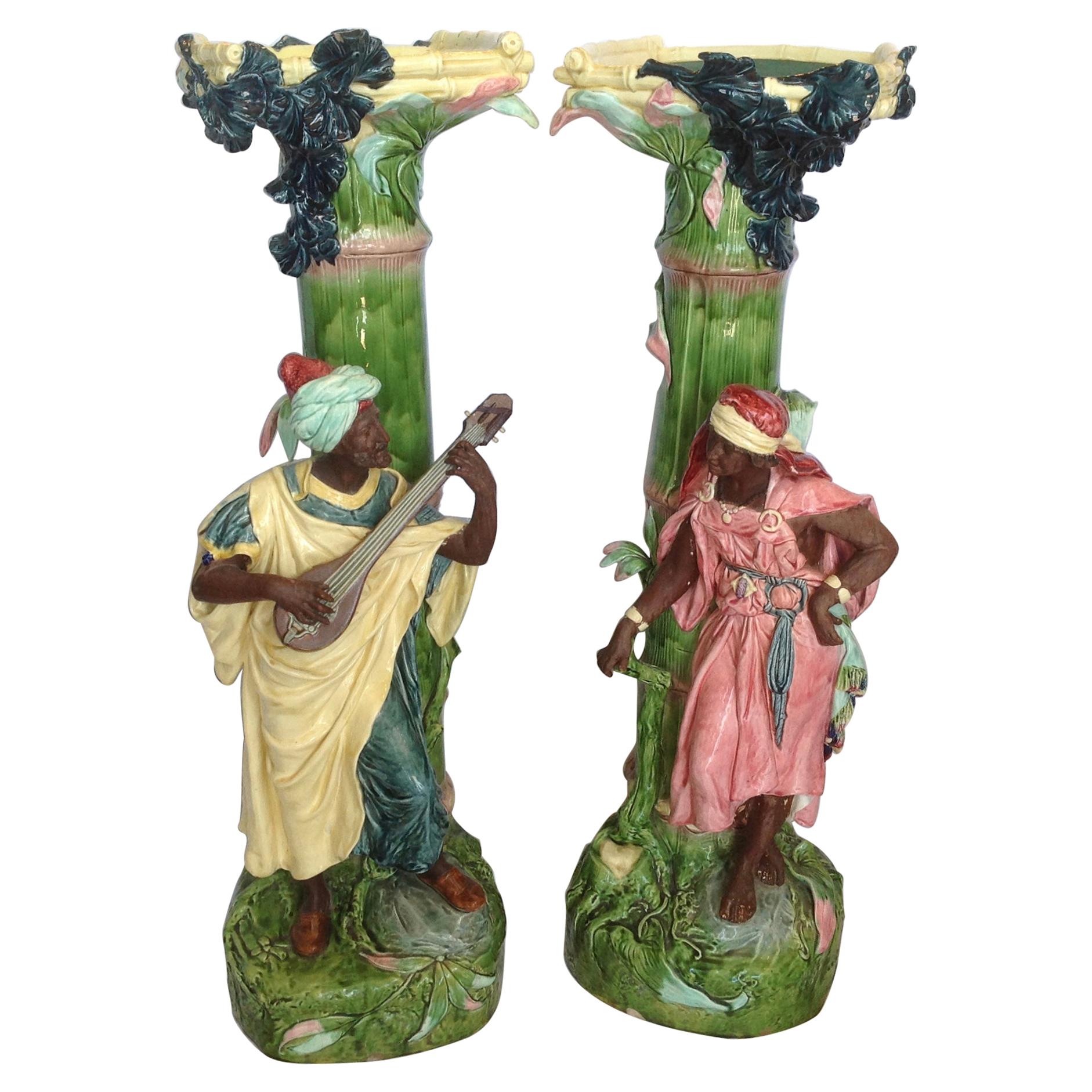 Pair of 19th Century Orientalist Majolica Pedestals