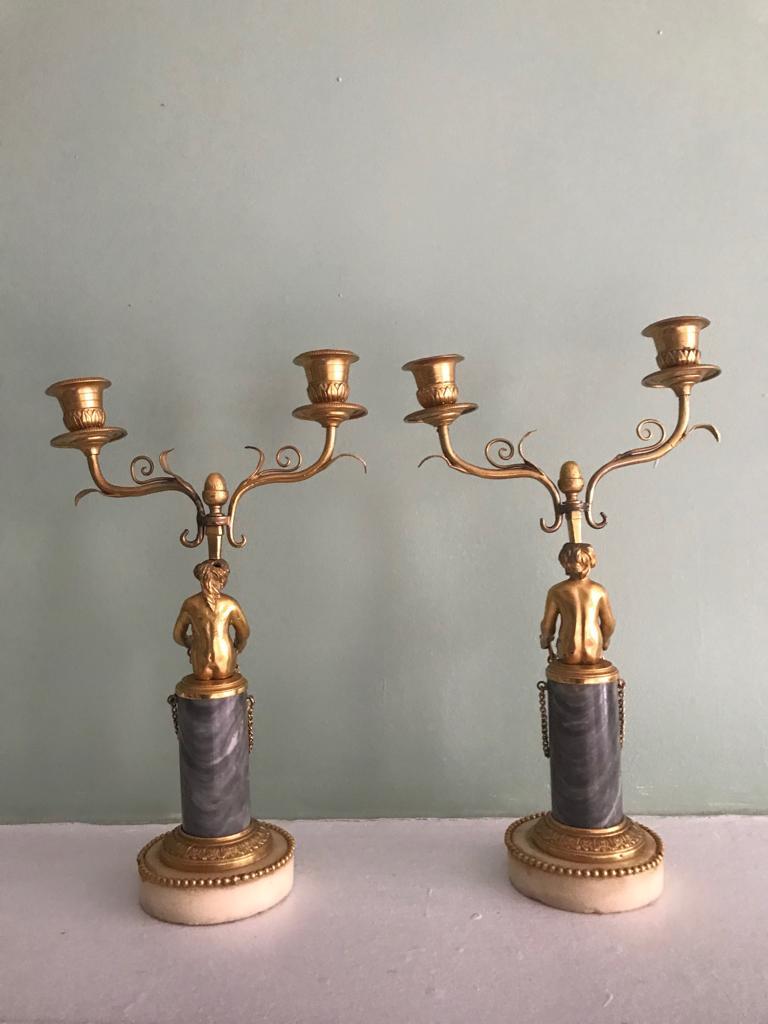 Baltic Pair of 19th Century Ormolu and Marble Candelabra For Sale