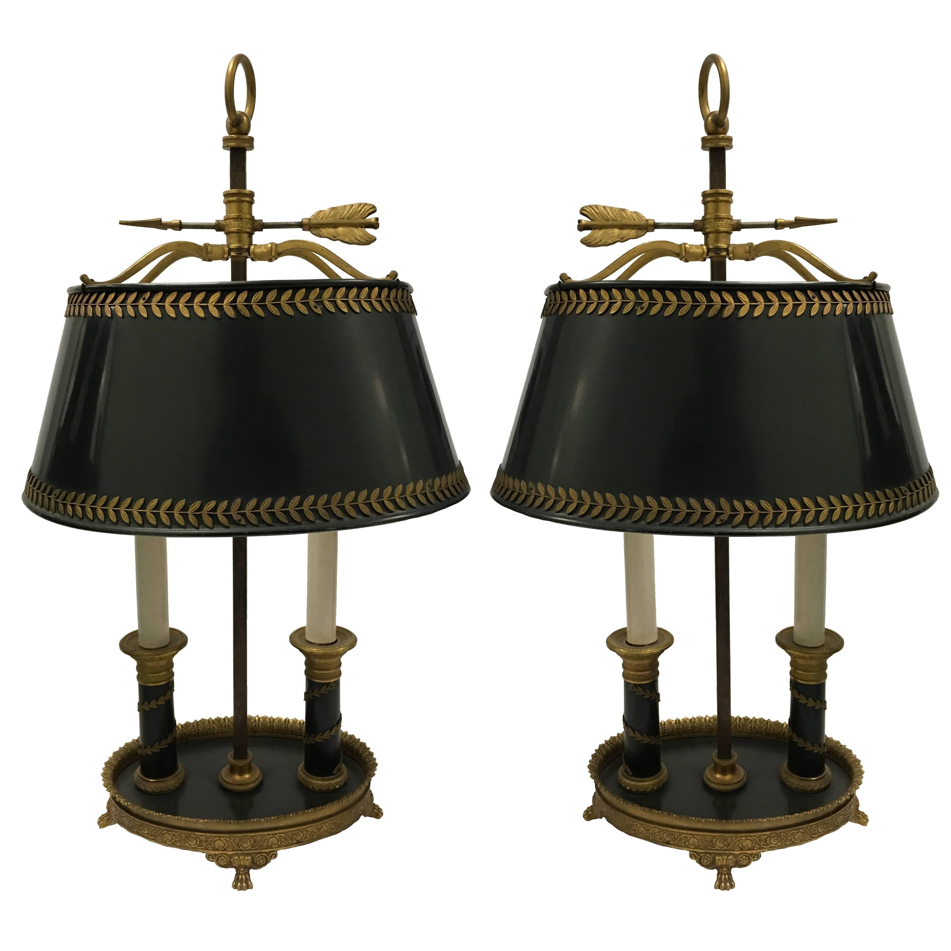 Pair of 19th Century Ormolu and Tole Bouillotte Lamps
