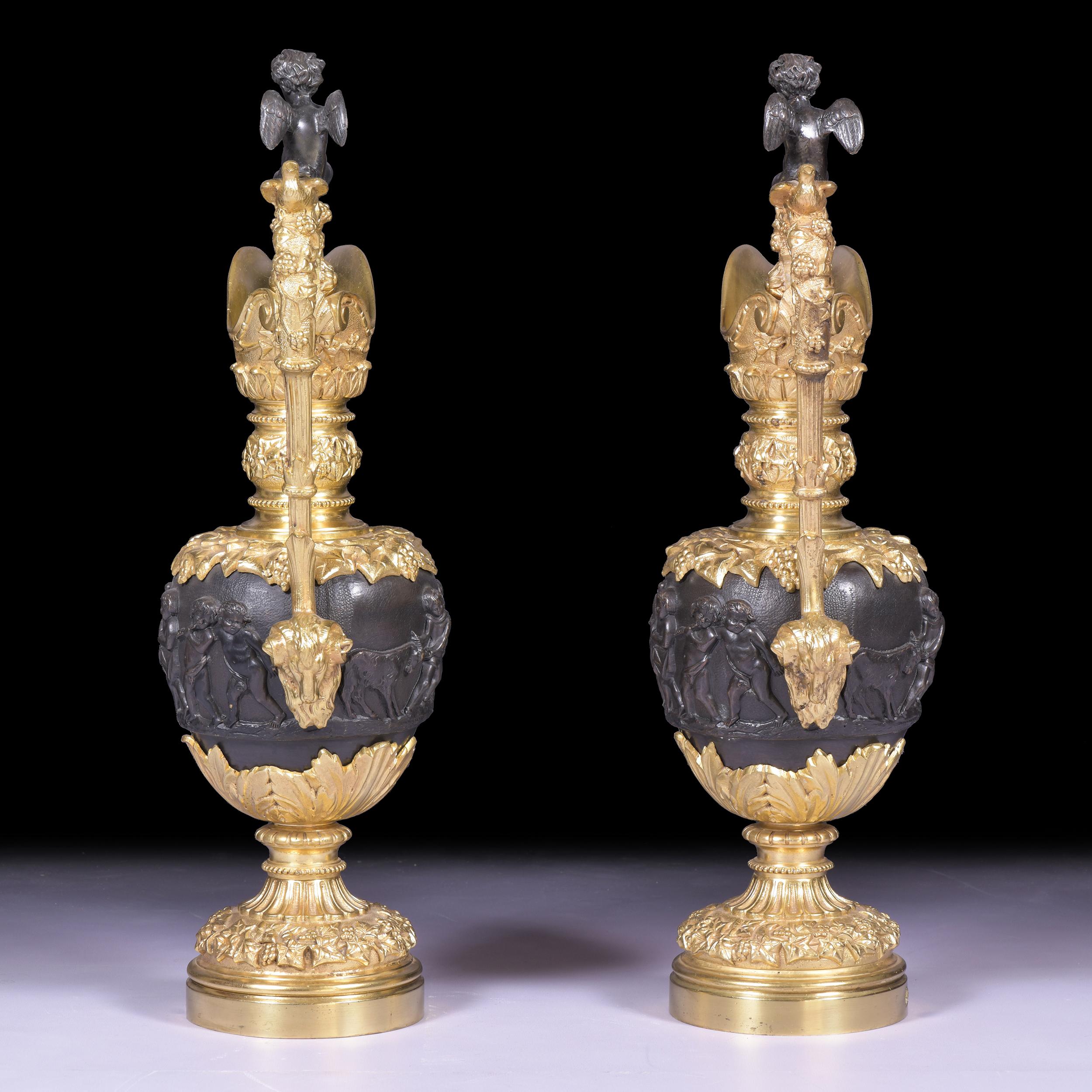 French Pair Of 19th Century Ormolu & Bronze Ewers In The Renaissance Style For Sale
