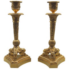 Pair of 19th Century Ormolu Candlesticks on Lion
s Paw Feet
