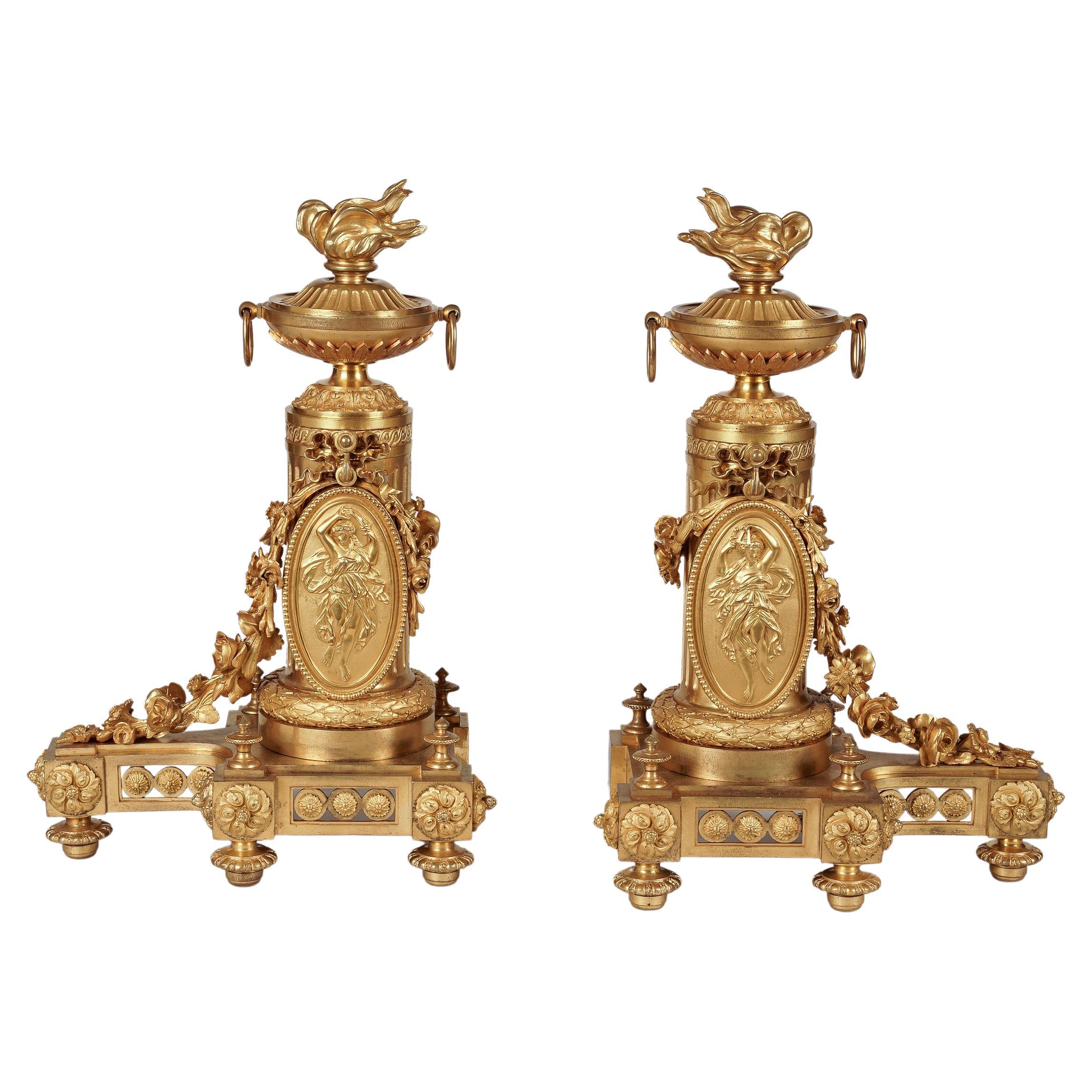 Pair of 19th Century Ormolu Chenets in the Louis XVI Style For Sale