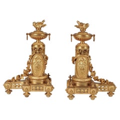 Paire de chenets en bronze doré du XIXe siècle de style Louis XVI