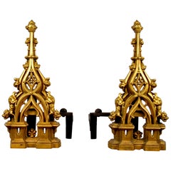 Antique Pair of 19th Century Ormolu Gothic Revival Fire Dogs/Tool Rests/Chenet/Andirons