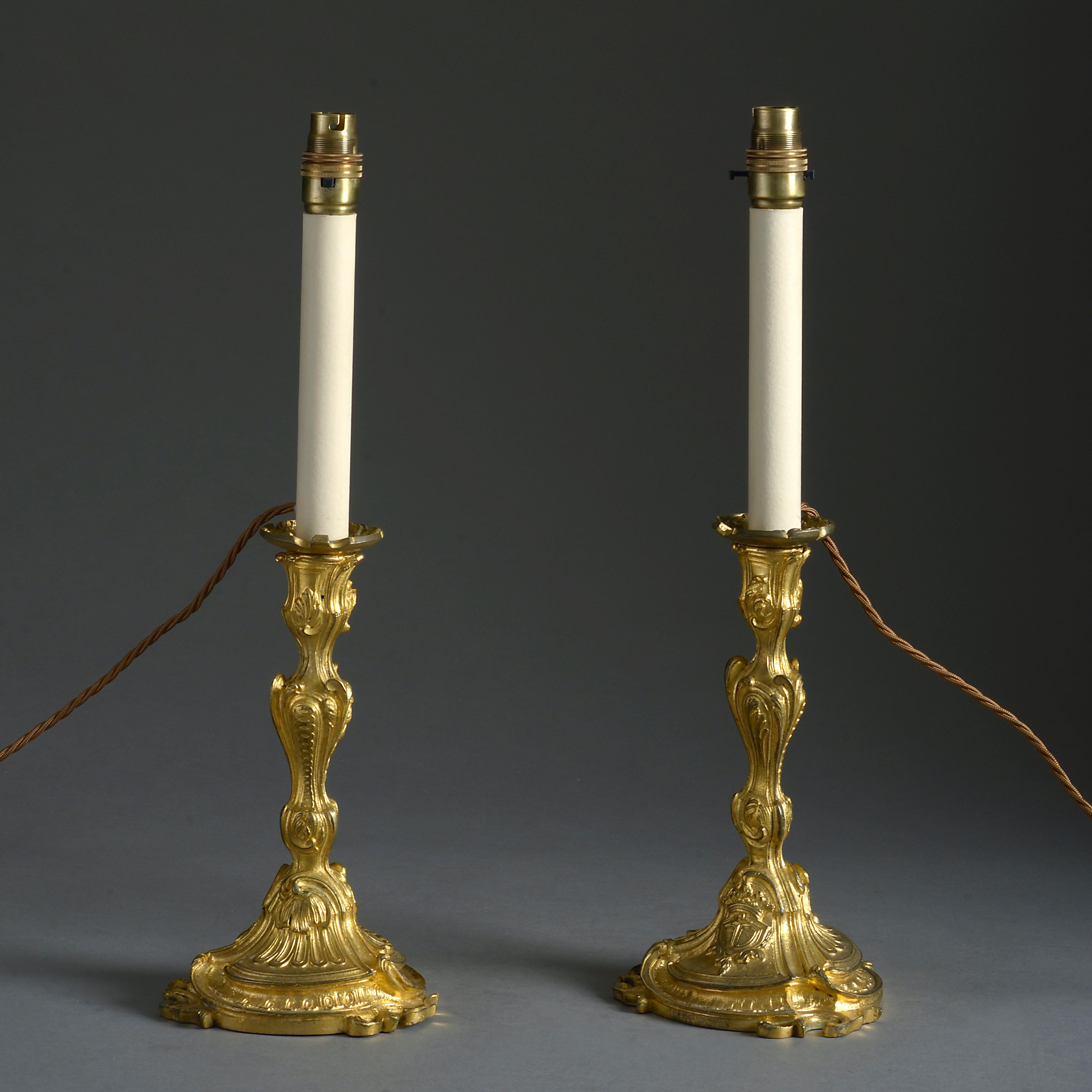 French Pair of 19th Century Ormolu Louis XV Style Rococo Candlestick Lamps