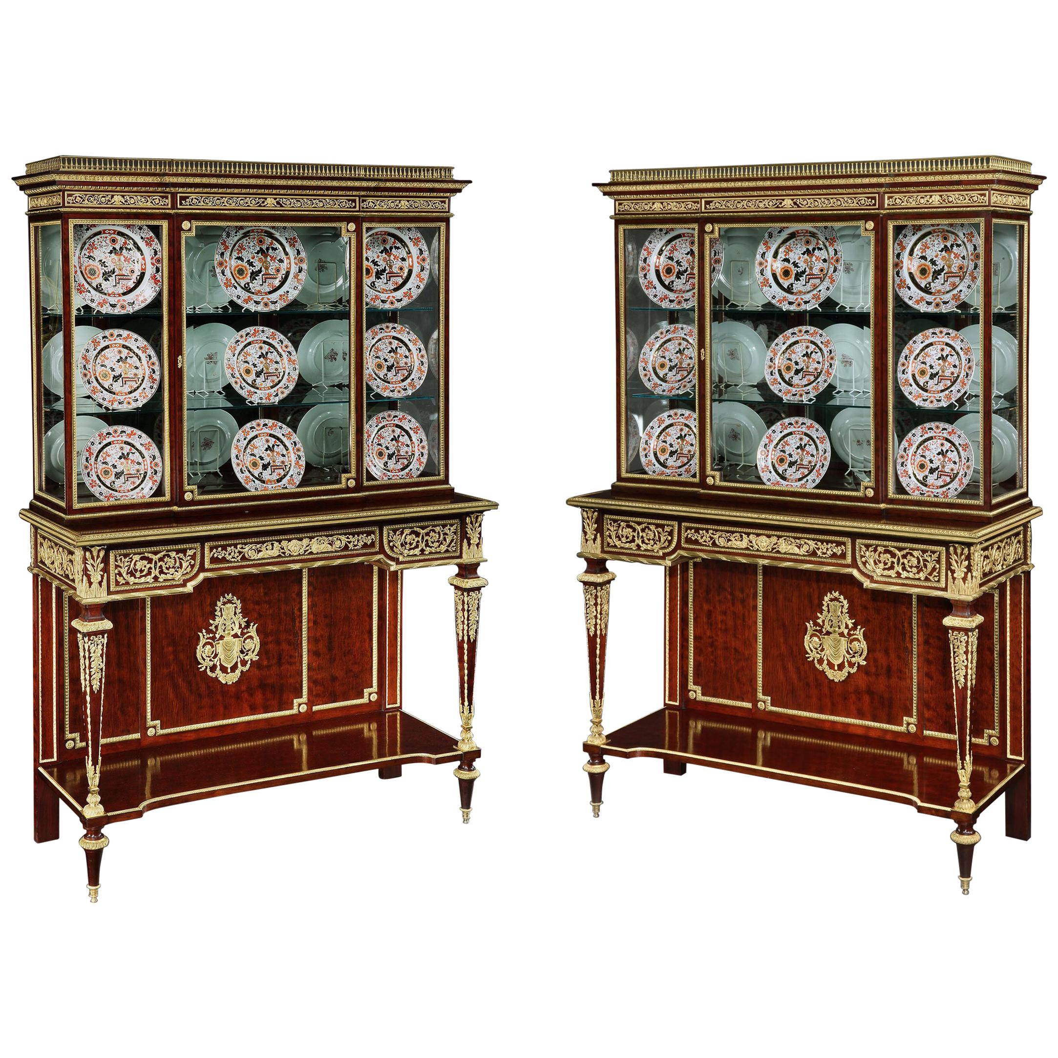 Pair of 19th Century Ormolu-Mounted Mahogany Display Cabinets by Henri Picard