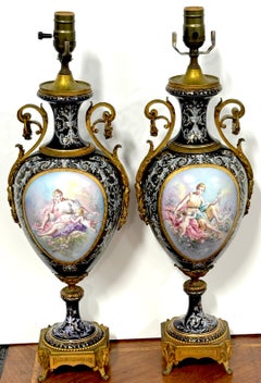 Pair of 19th Century Ormolu Mounted Sevres Style Cobalt Urns, Now As Lamps