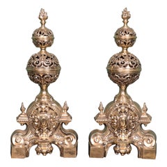 Pair of 19th Century Ornate Brass Fireplace Andirons
