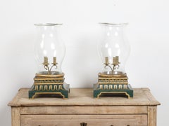 Pair of 19th Century Painted and Gilt Tôle Hurricanes with Square Bases