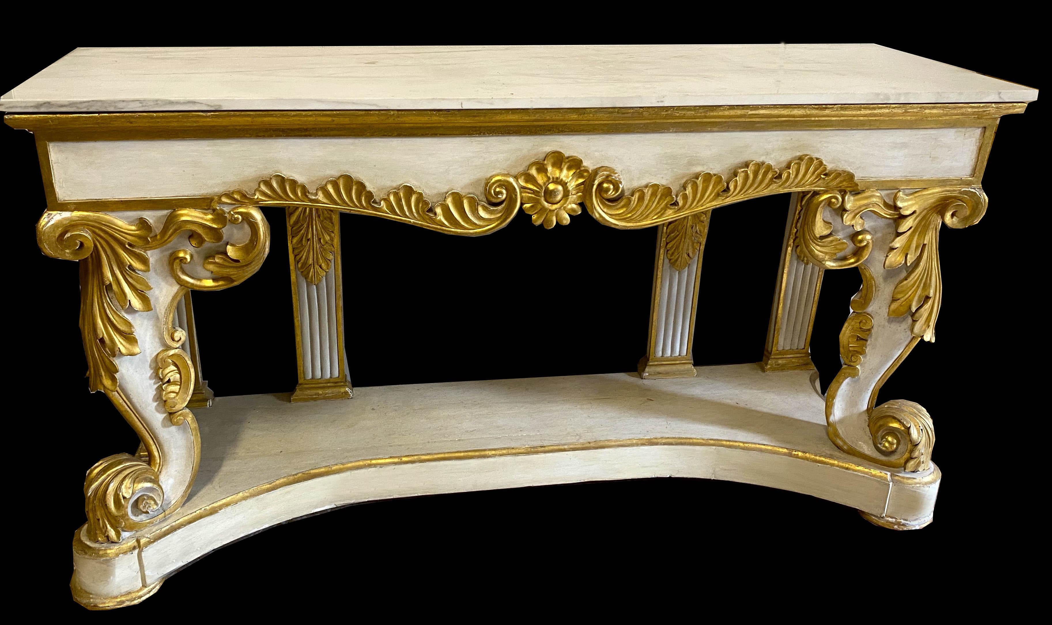 Louis XIV Pair of 19th Century Painted and Parcel-Gilt Console Tables