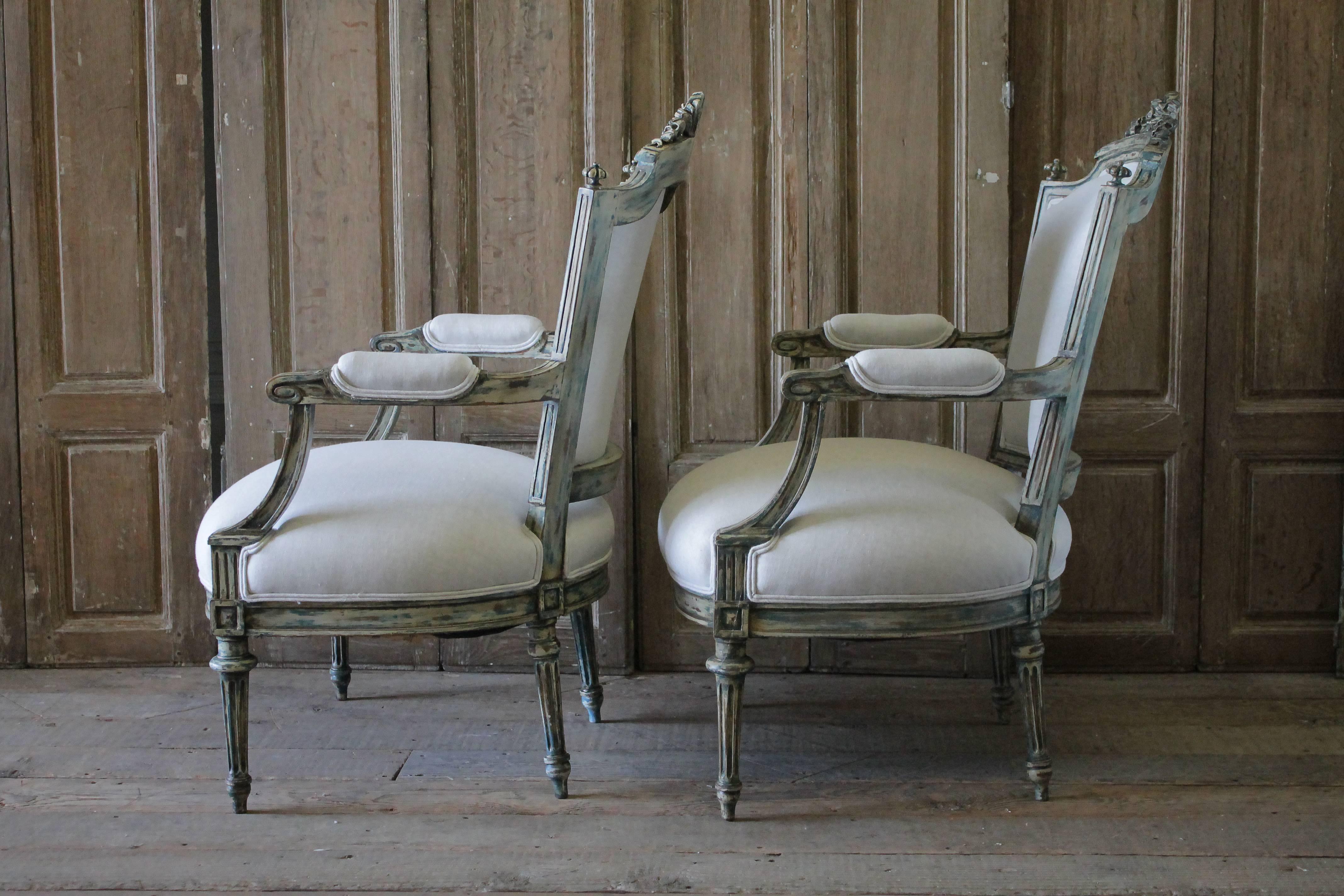 Pair of 19th Century Painted and Upholstered Louis XVI Style Open Armchairs 1