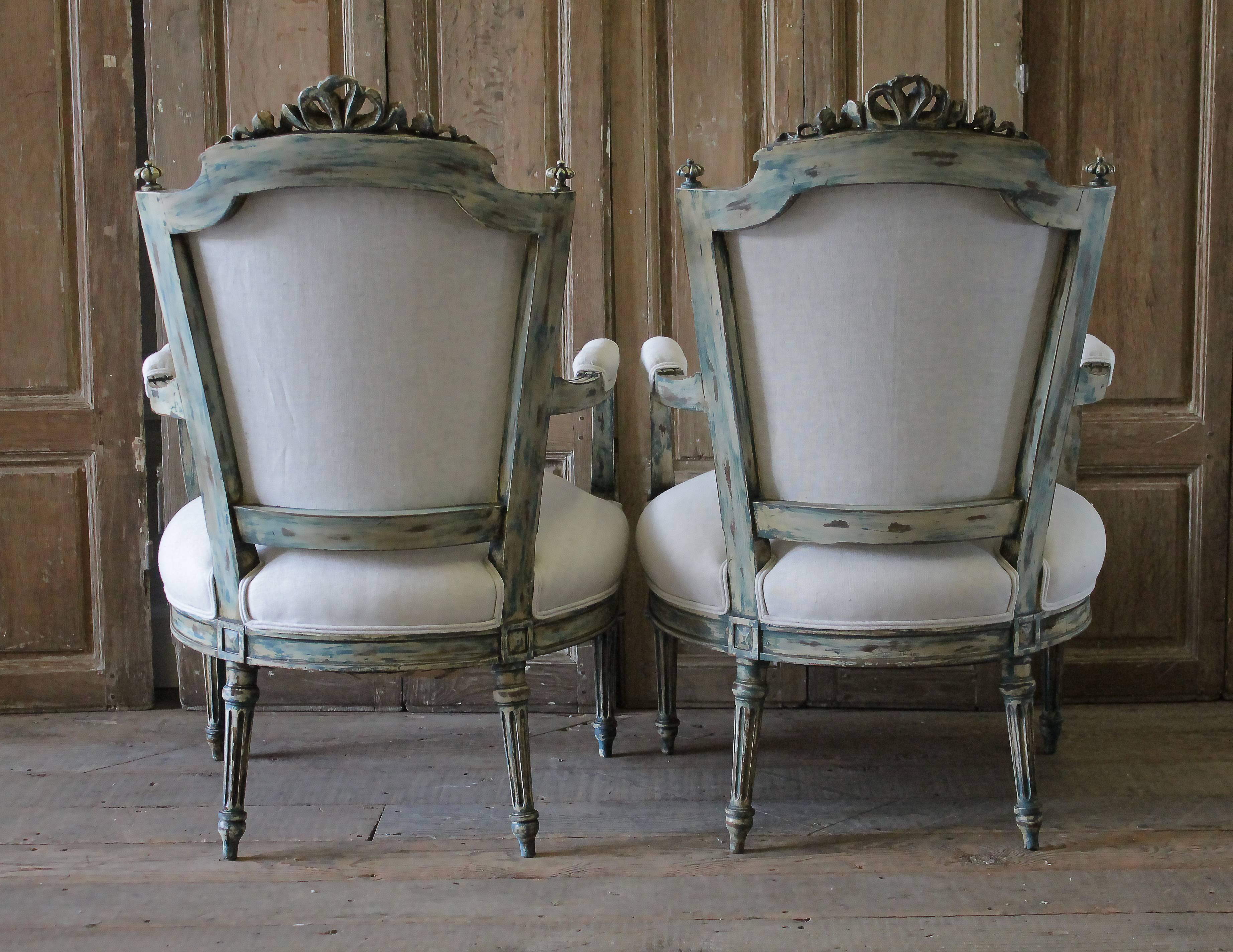 Pair of 19th Century Painted and Upholstered Louis XVI Style Open Armchairs 2