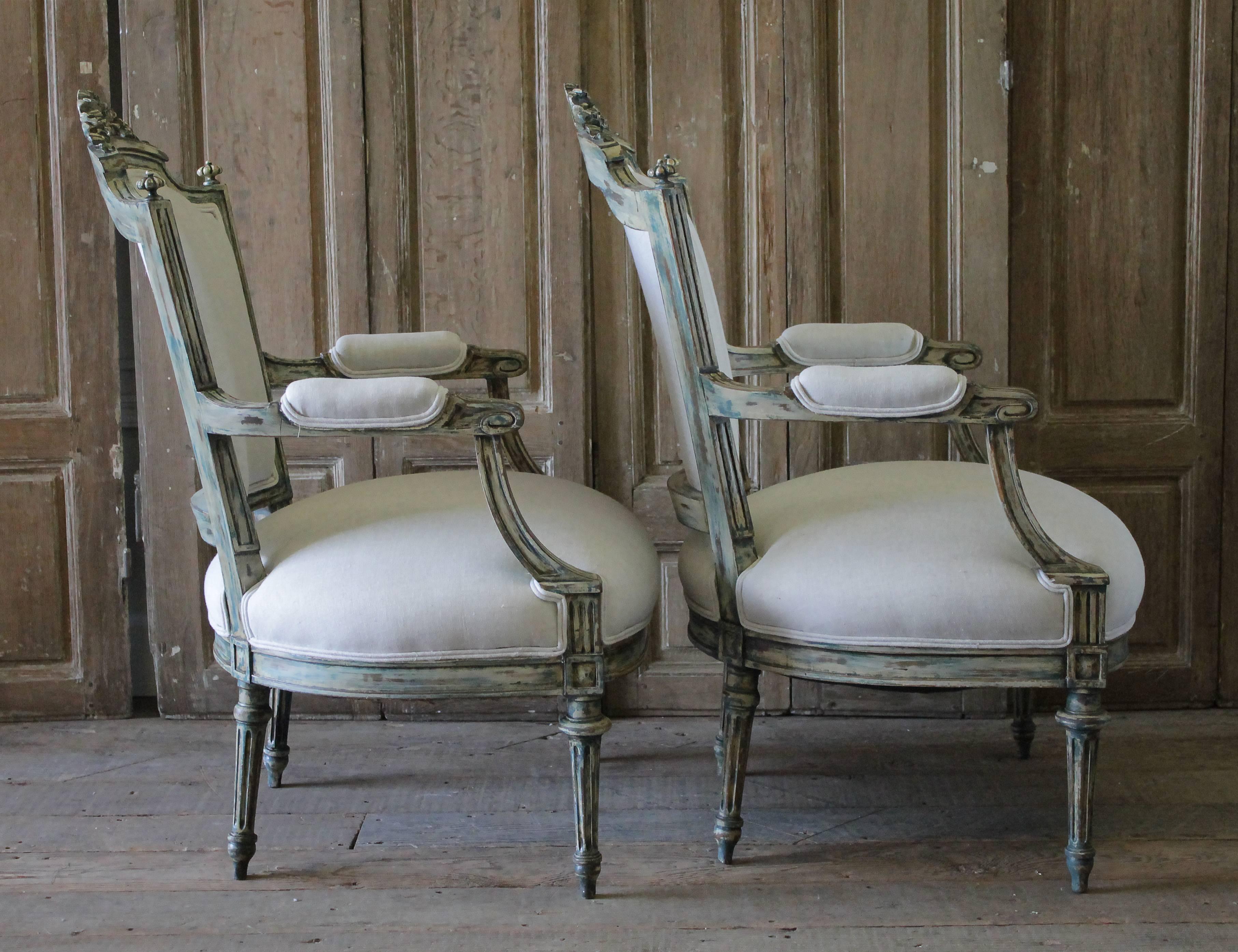 Pair of 19th Century Painted and Upholstered Louis XVI Style Open Armchairs 3