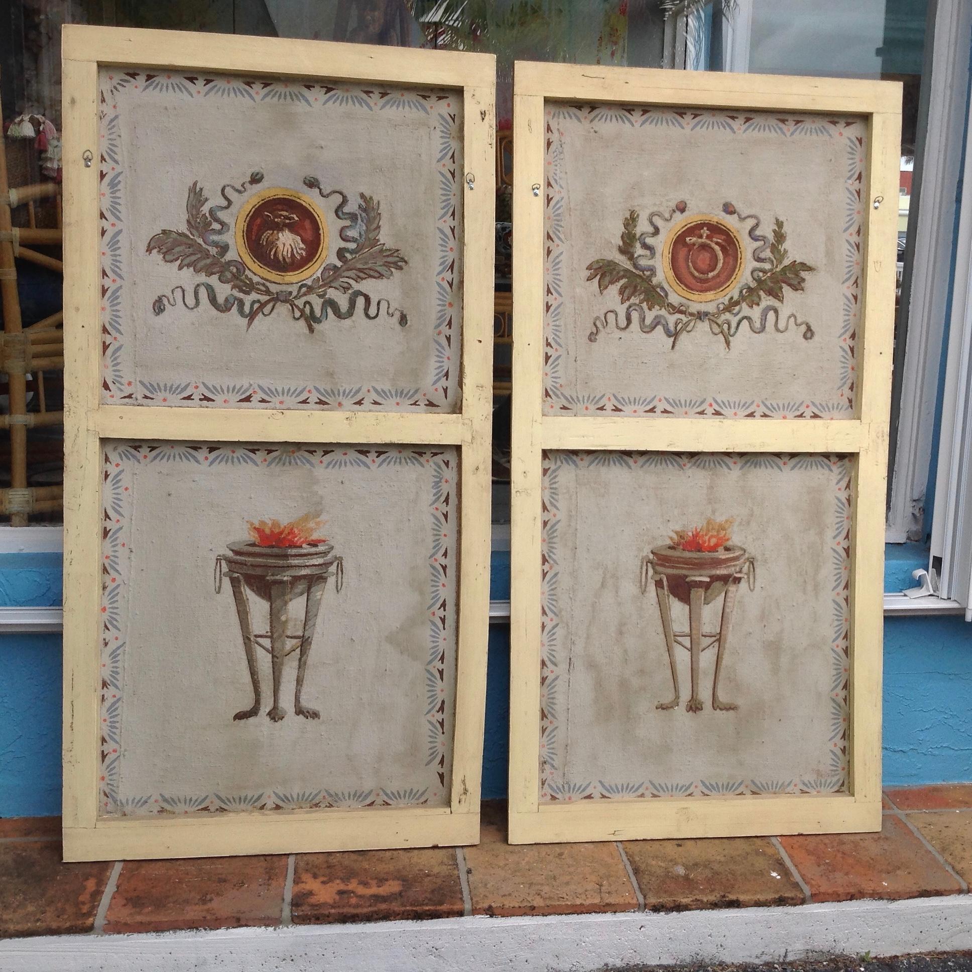 Neoclassical Pair of Antique Painted Canvas Window Panels