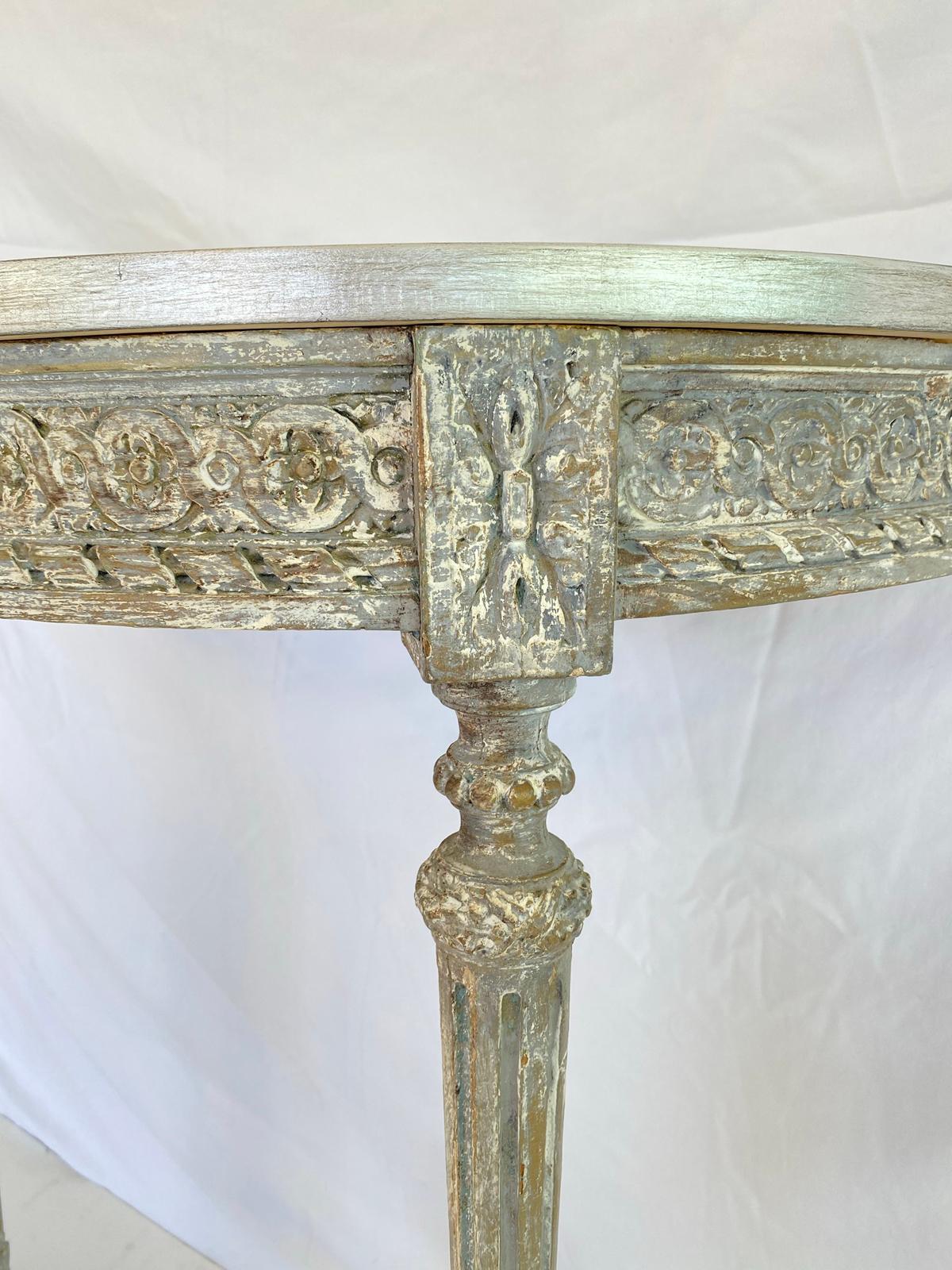 Hand-Carved Pair of 19th Century Painted Demilune Consoles with Mirrored Tops For Sale