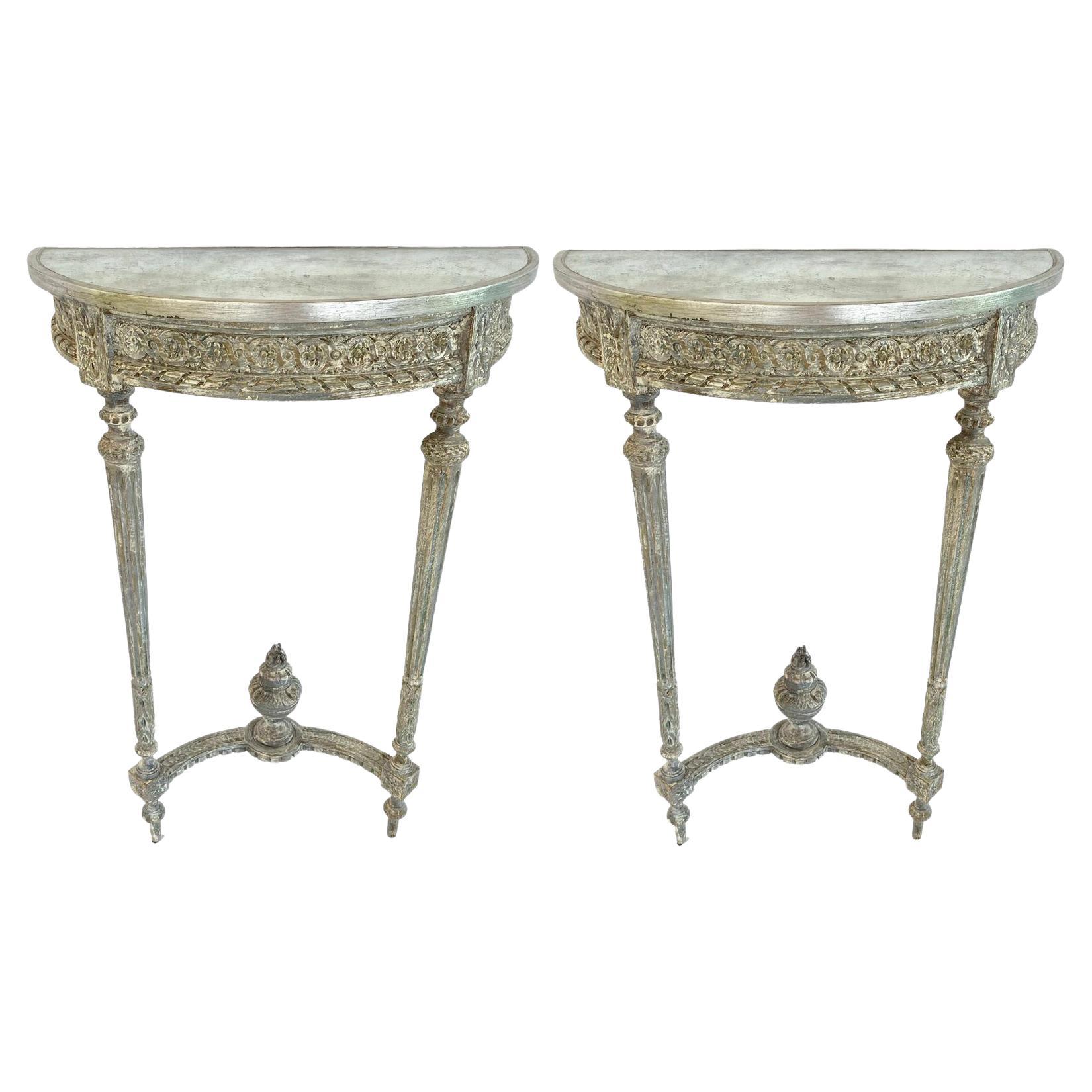 Pair of 19th Century Painted Demilune Consoles with Mirrored Tops