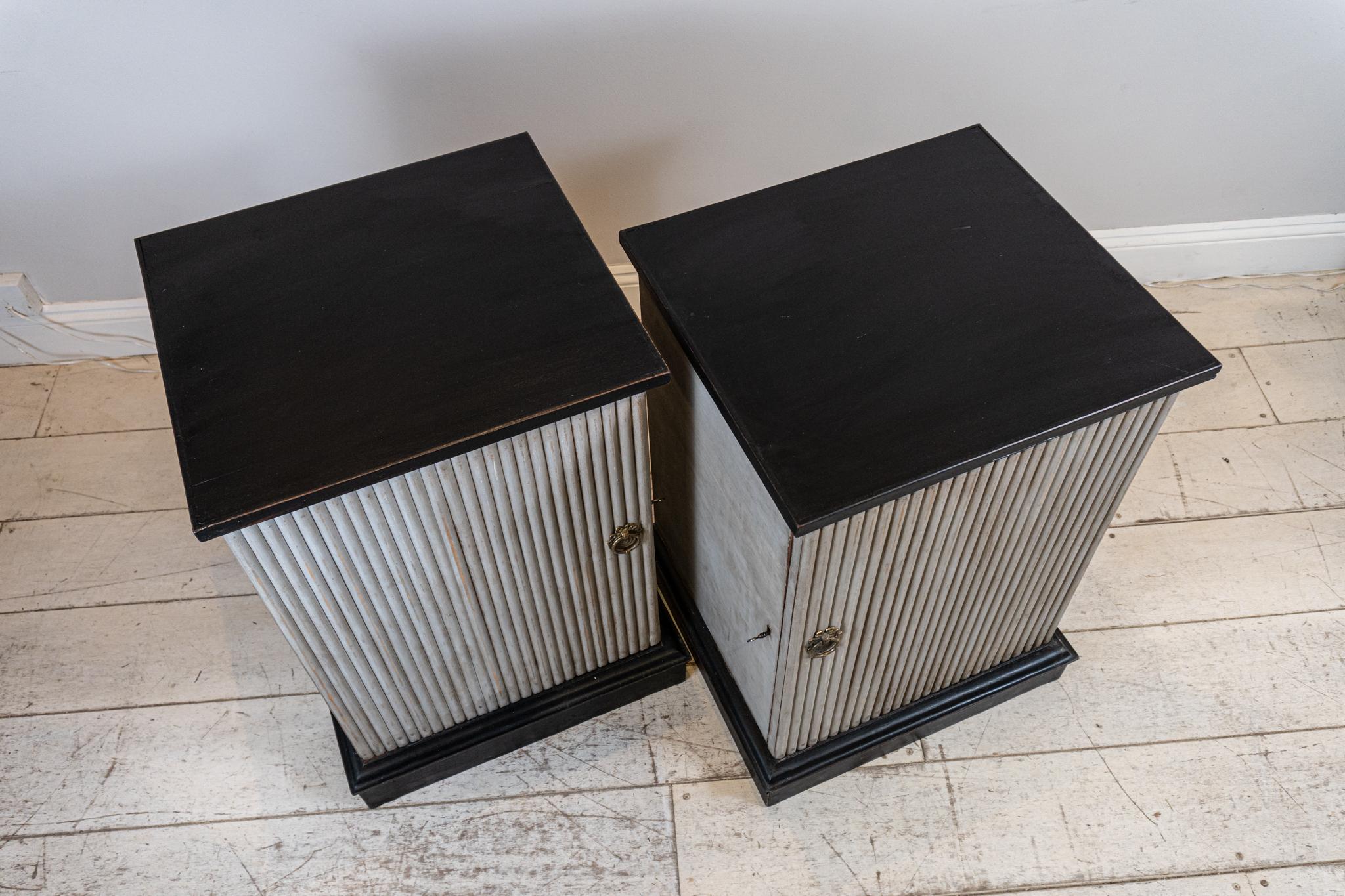 British Pair of 19th Century Painted & Ebonised Reeded Cabinets or Bedside Tables