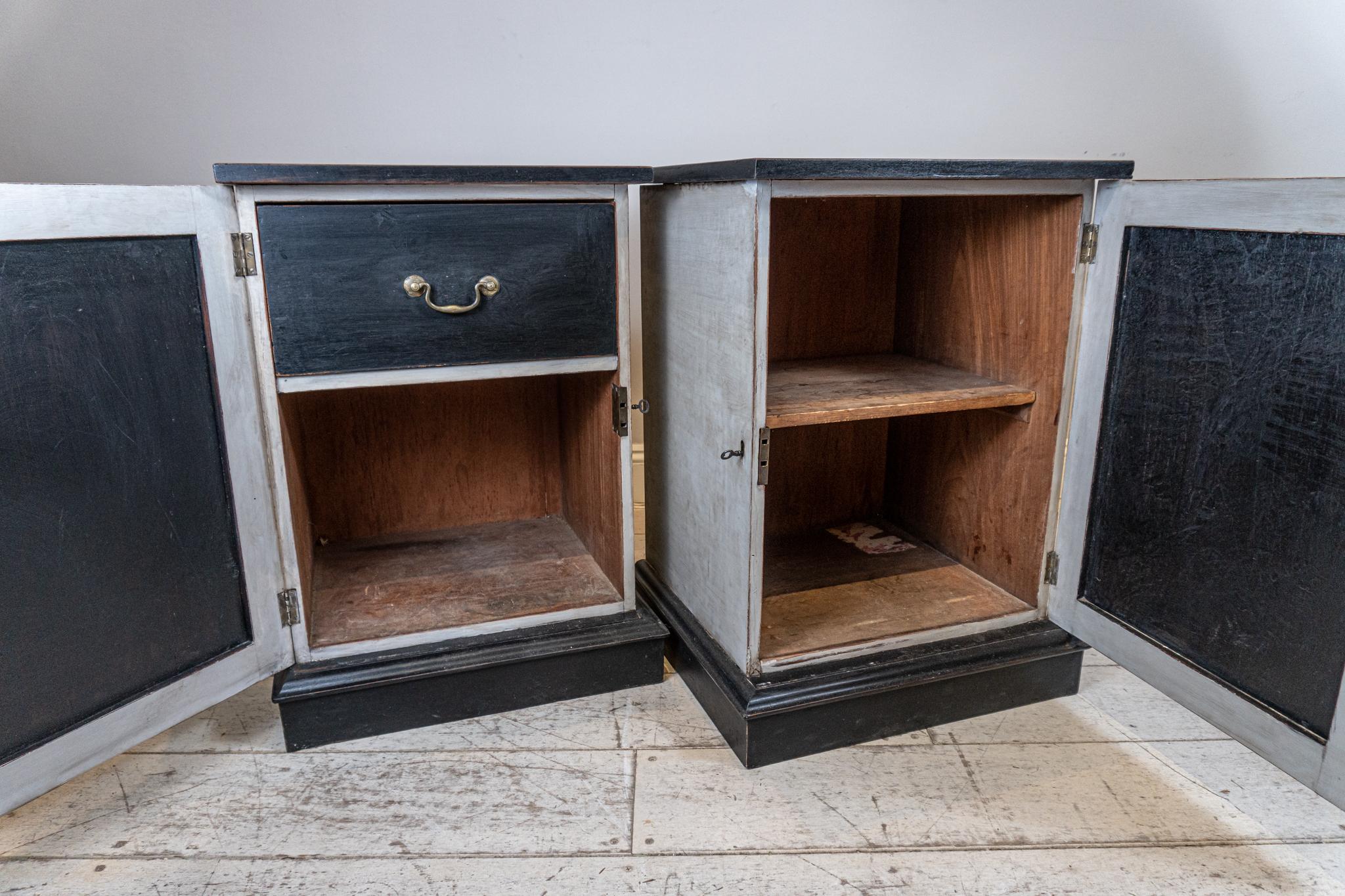 Ebonized Pair of 19th Century Painted & Ebonised Reeded Cabinets or Bedside Tables