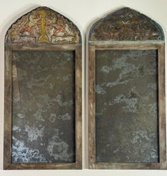 Pair of 19th Century Painted Folk Art Arched Mirrors with Heraldic Lion Crests