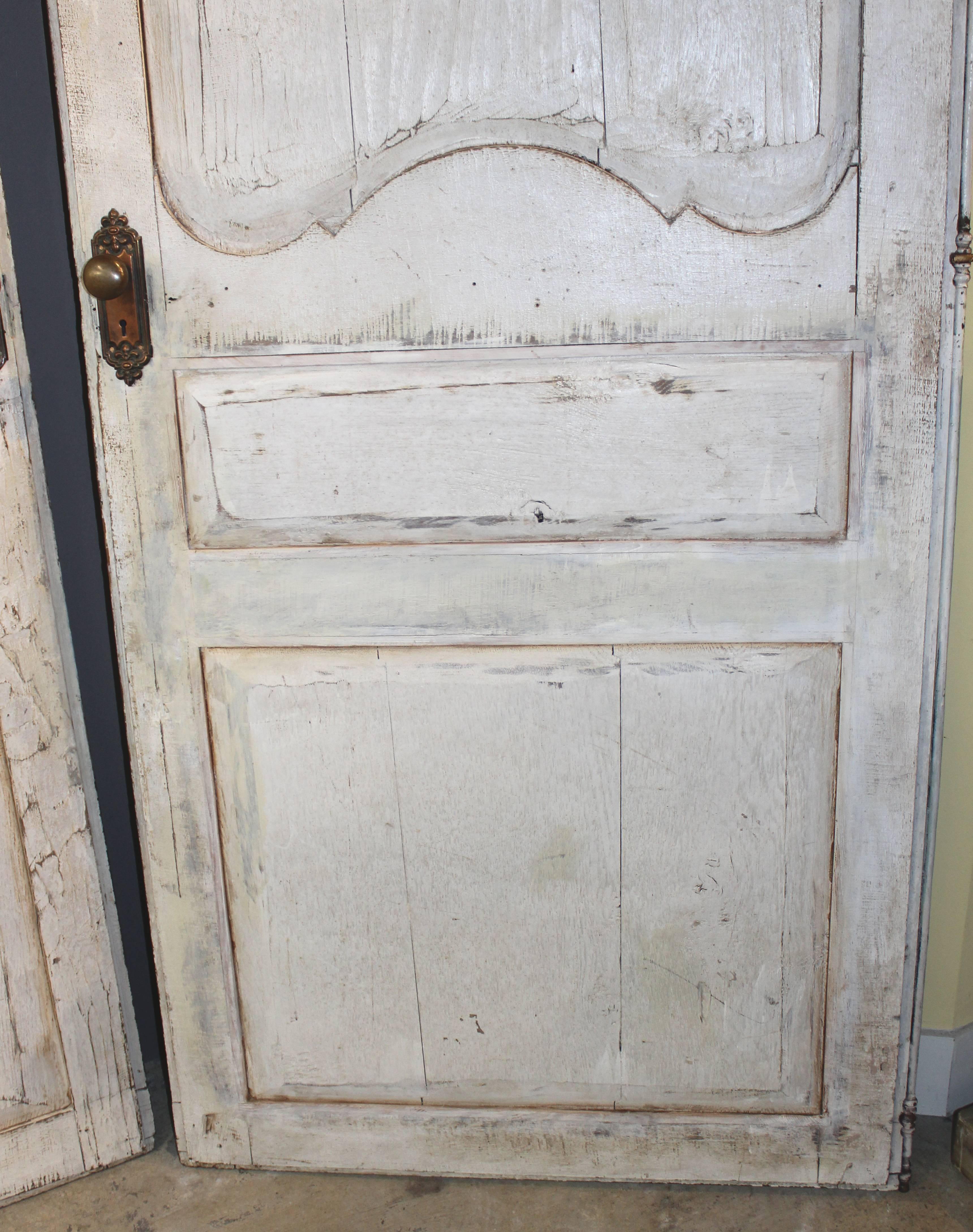 Chamfered Pair of 19th Century Painted French Paneled Doors with Hardware