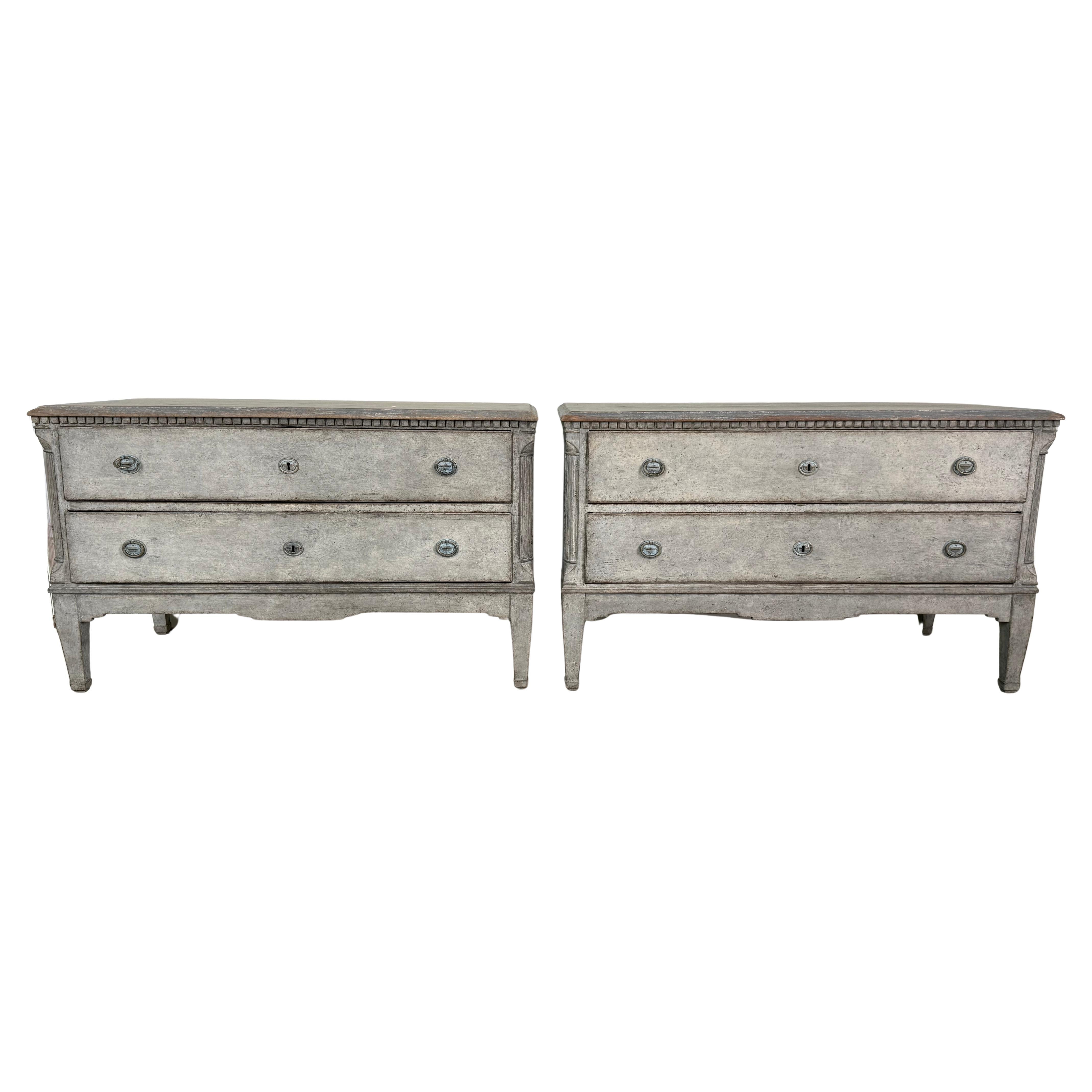 Pair of 19th Century Painted Grey Blue Danish Chests with Brass Fittings