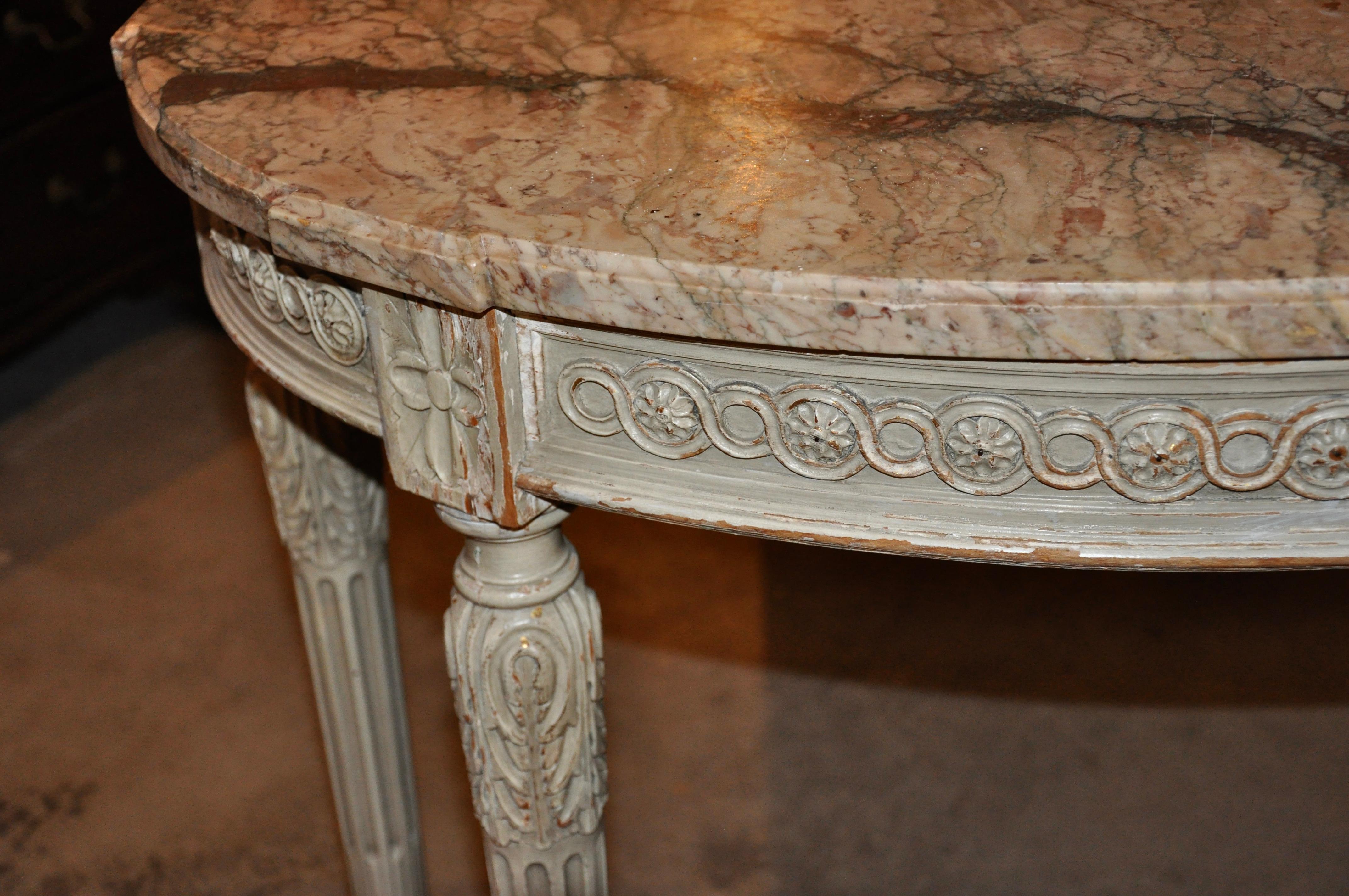 Louis XVI Pair of Early Painted Neoclassical Console Tables with Marble Tops by Jansen