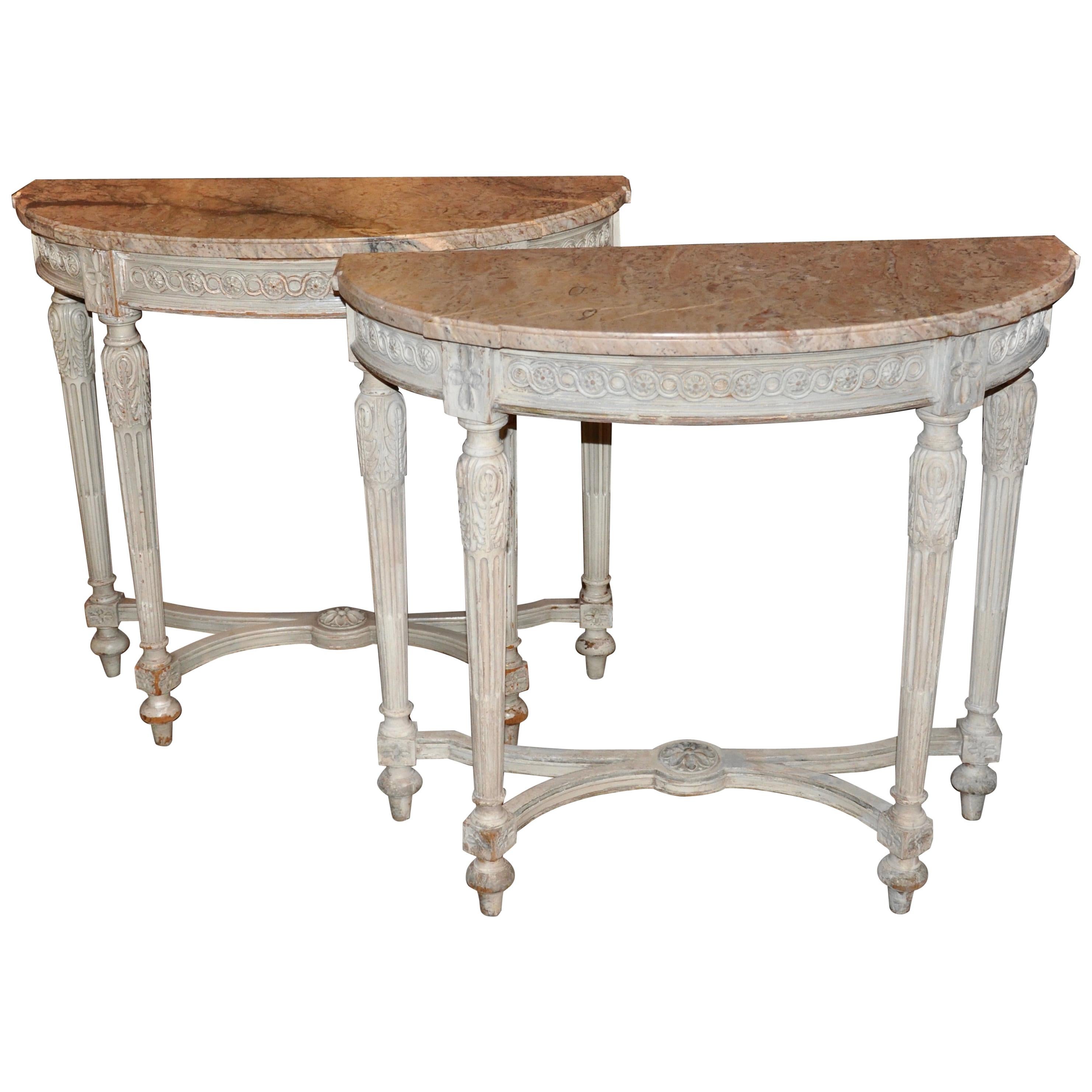 Pair of Early Painted Neoclassical Console Tables with Marble Tops by Jansen