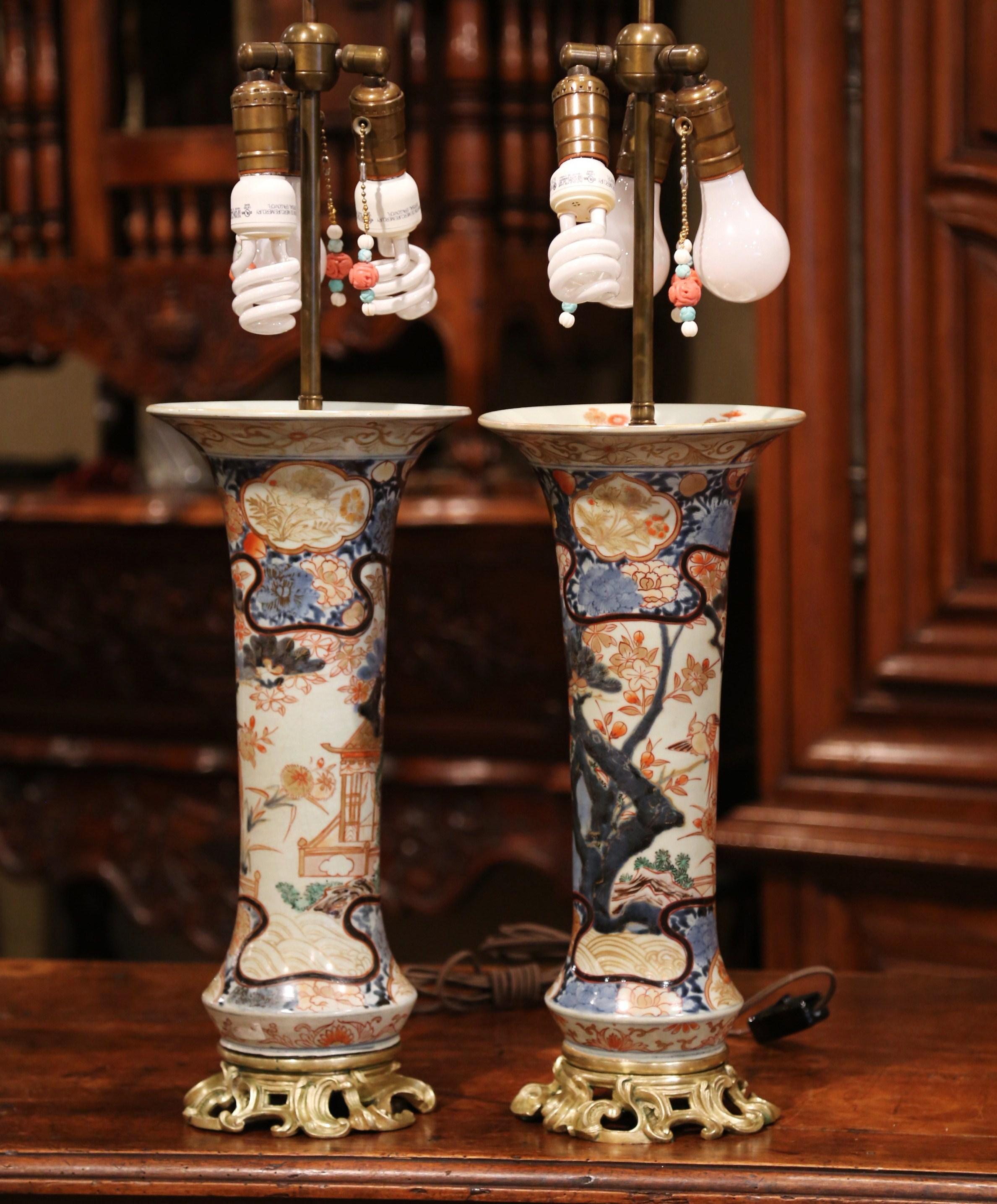 Patinated Pair of 19th Century Painted Porcelain and Bronze Japanese Imari Vases Lamps