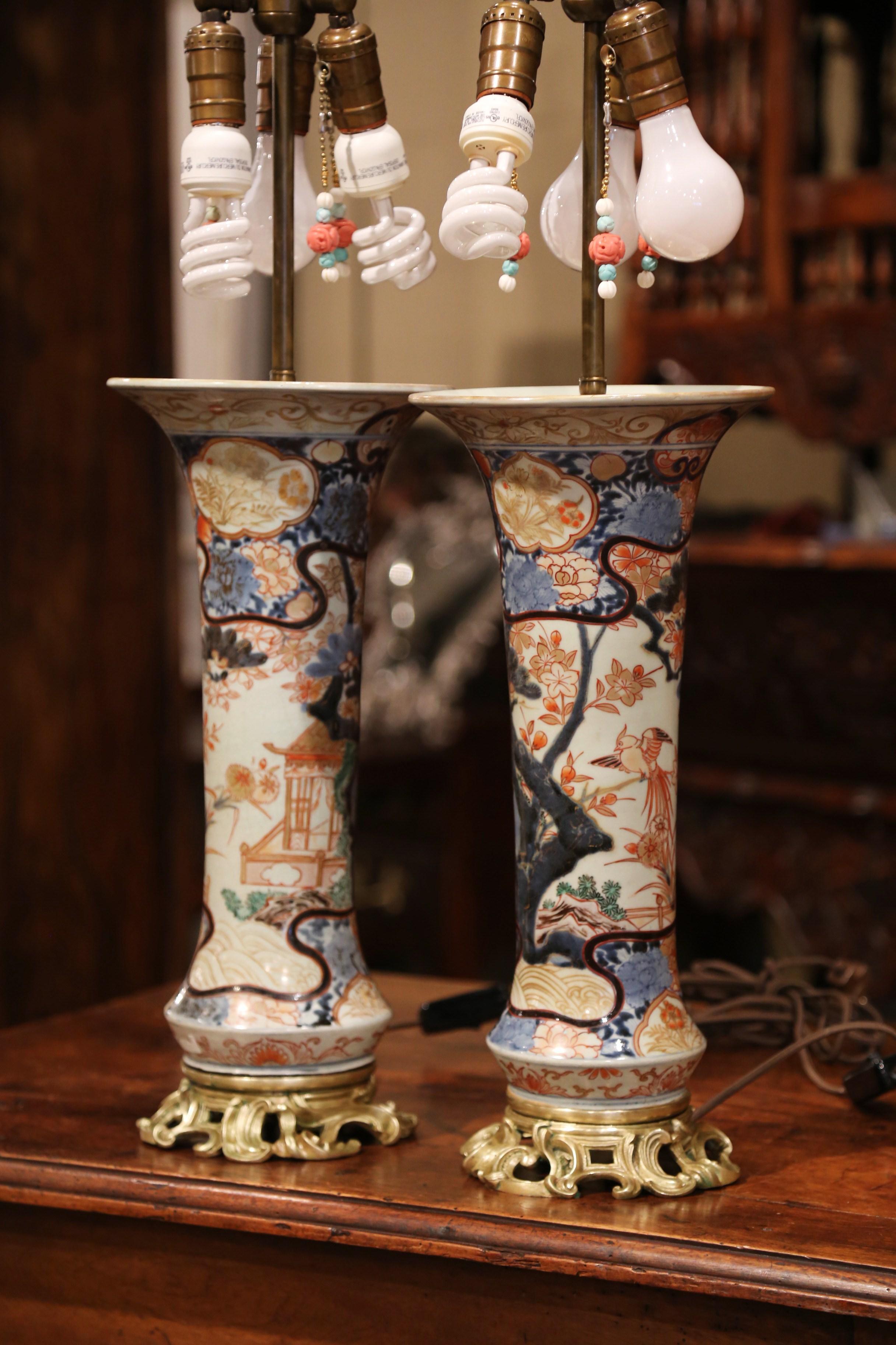 Pair of 19th Century Painted Porcelain and Bronze Japanese Imari Vases Lamps 2
