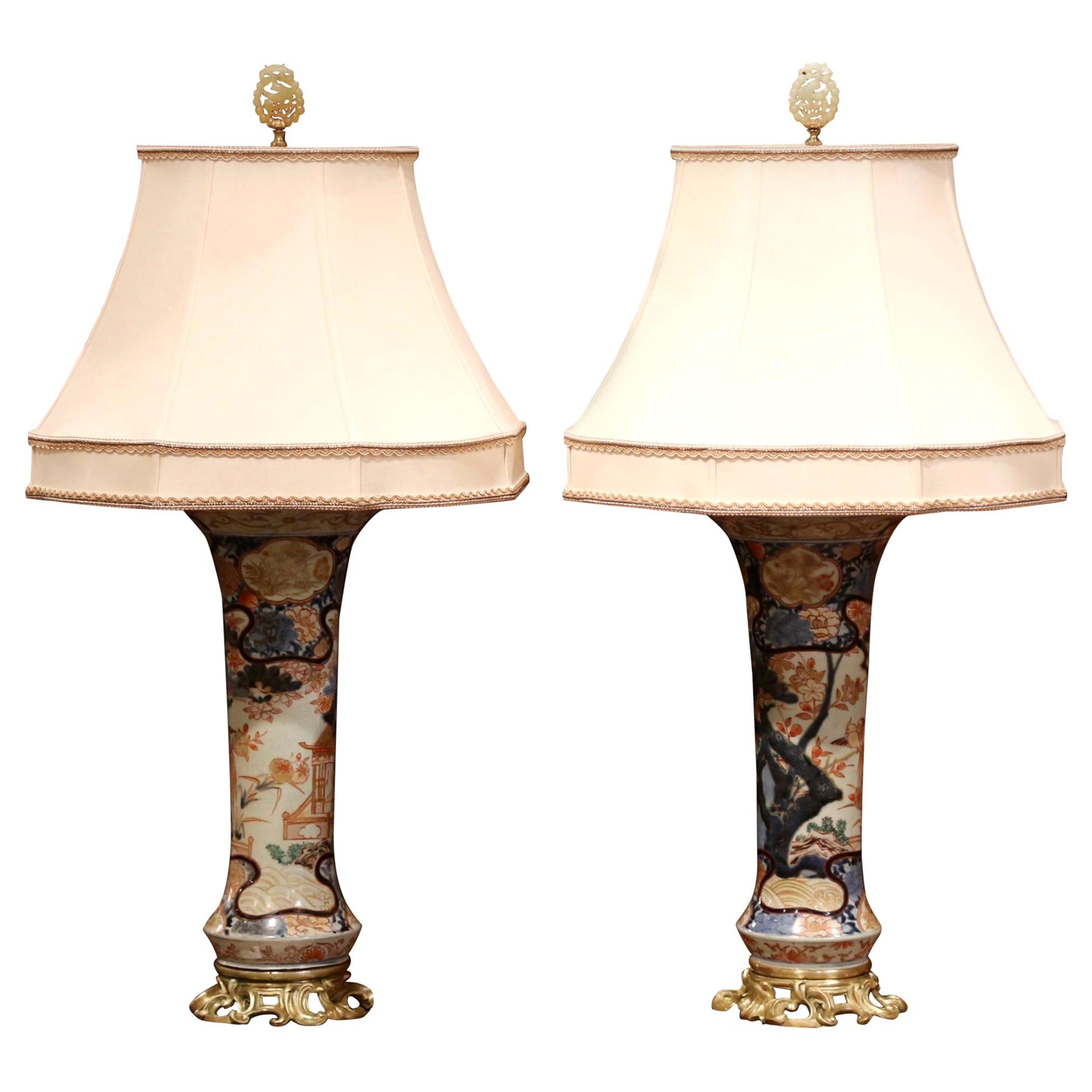 Pair of 19th Century Painted Porcelain and Bronze Japanese Imari Vases Lamps