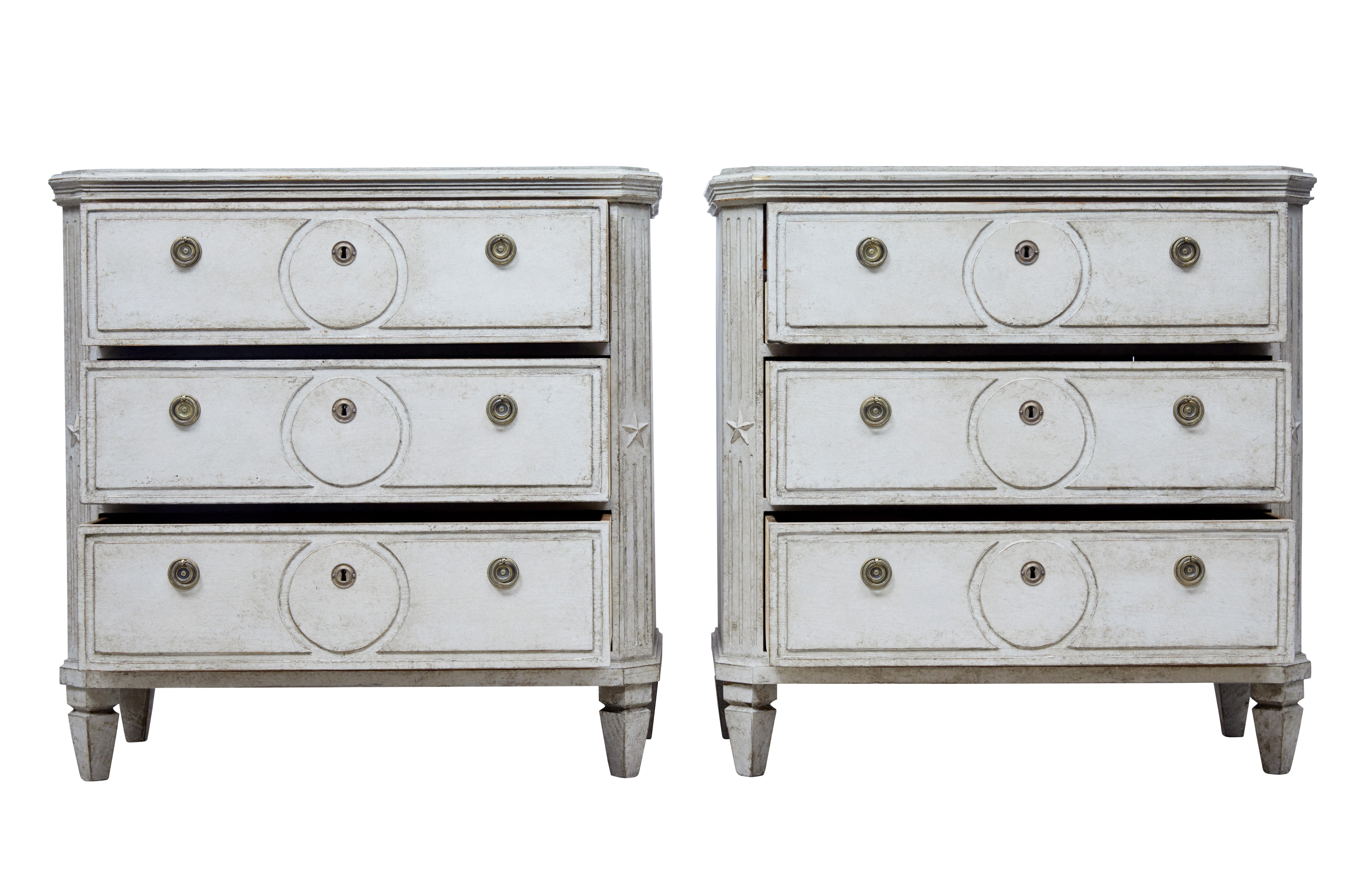Good quality pair of chest of drawers, circa 1870.

3-drawer chests with channelled detailing on the drawer fronts. Canted corners with applied star motif.

On one chest of drawers the top drawer opens to reveal 2 fitted drawers.

Later paint