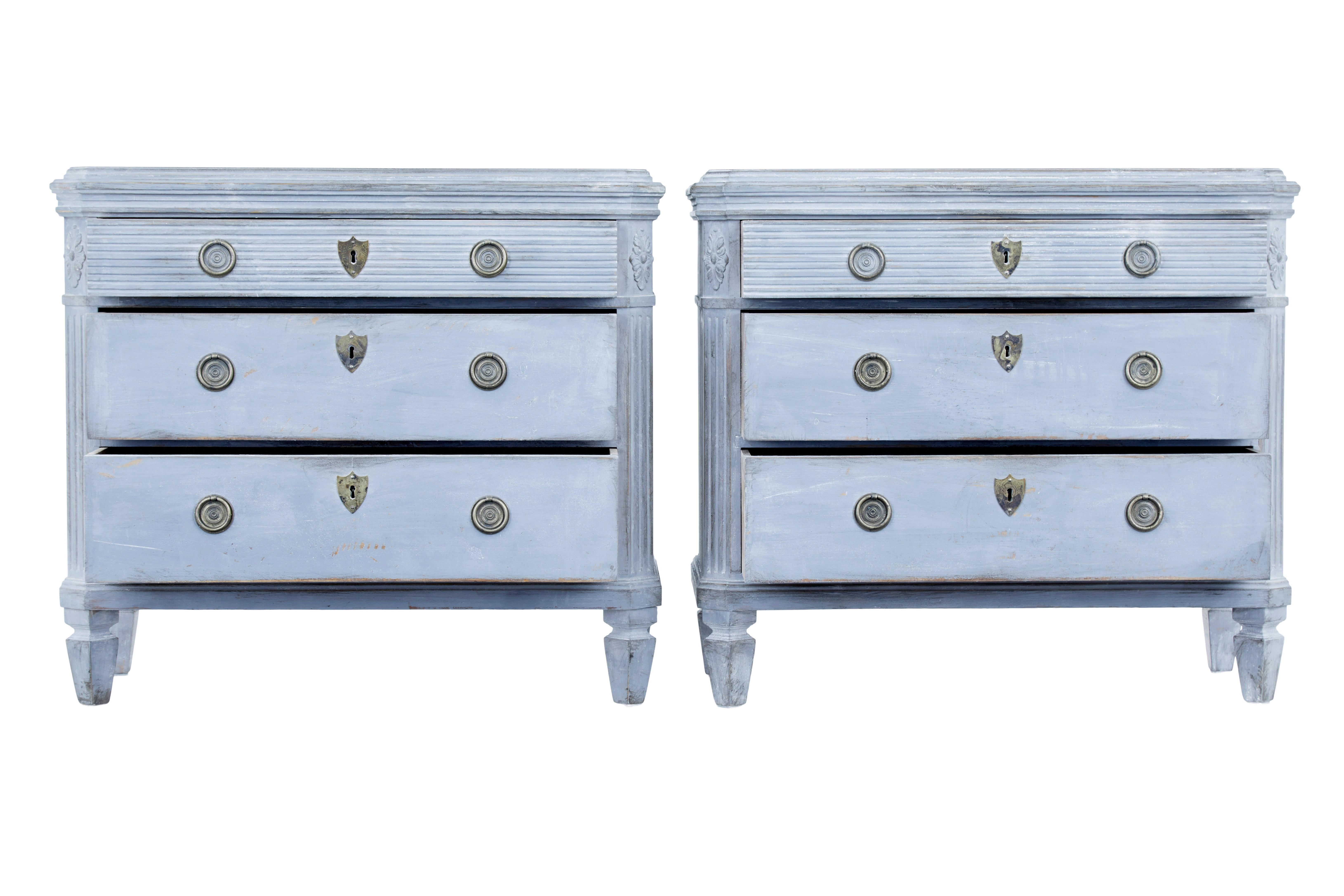 Pair of 19th century painted swedish commodes circa 1870.

Good quality pair of gustavian influenced chest of drawers.

Rectangular tops with canted corners and moulded edging.  Each chest is fitted with 3 drawers, the top drawer with channeled
