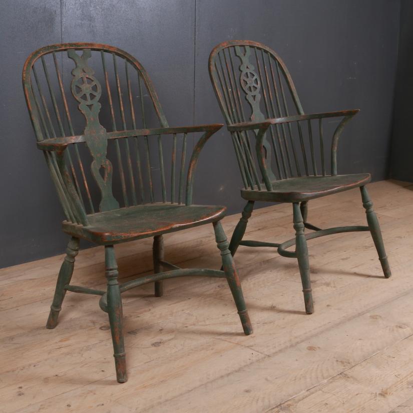 Pair of 19th century green painted Windsor chairs, 1860.
Seat height 16.5