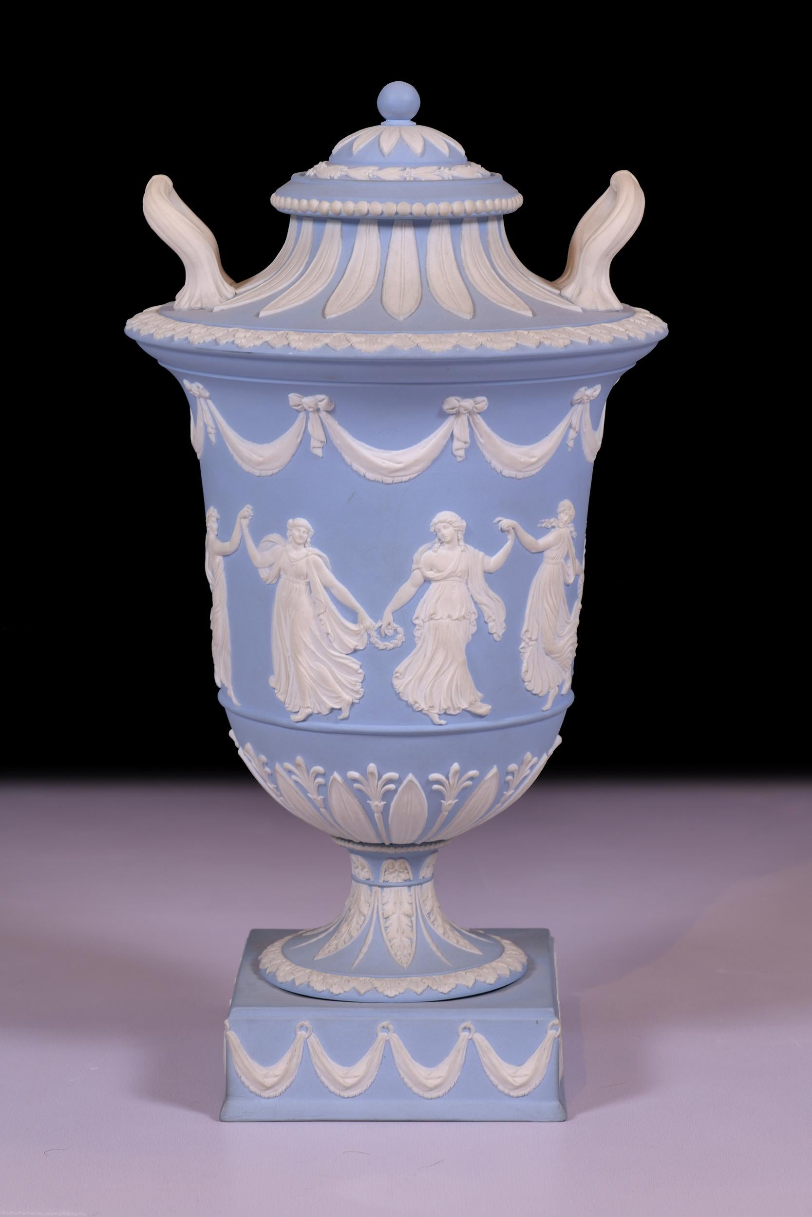 Neoclassical Pair Of 19th Century Pale Blue & White Jasperware Vases & Covers By Wedgewood  