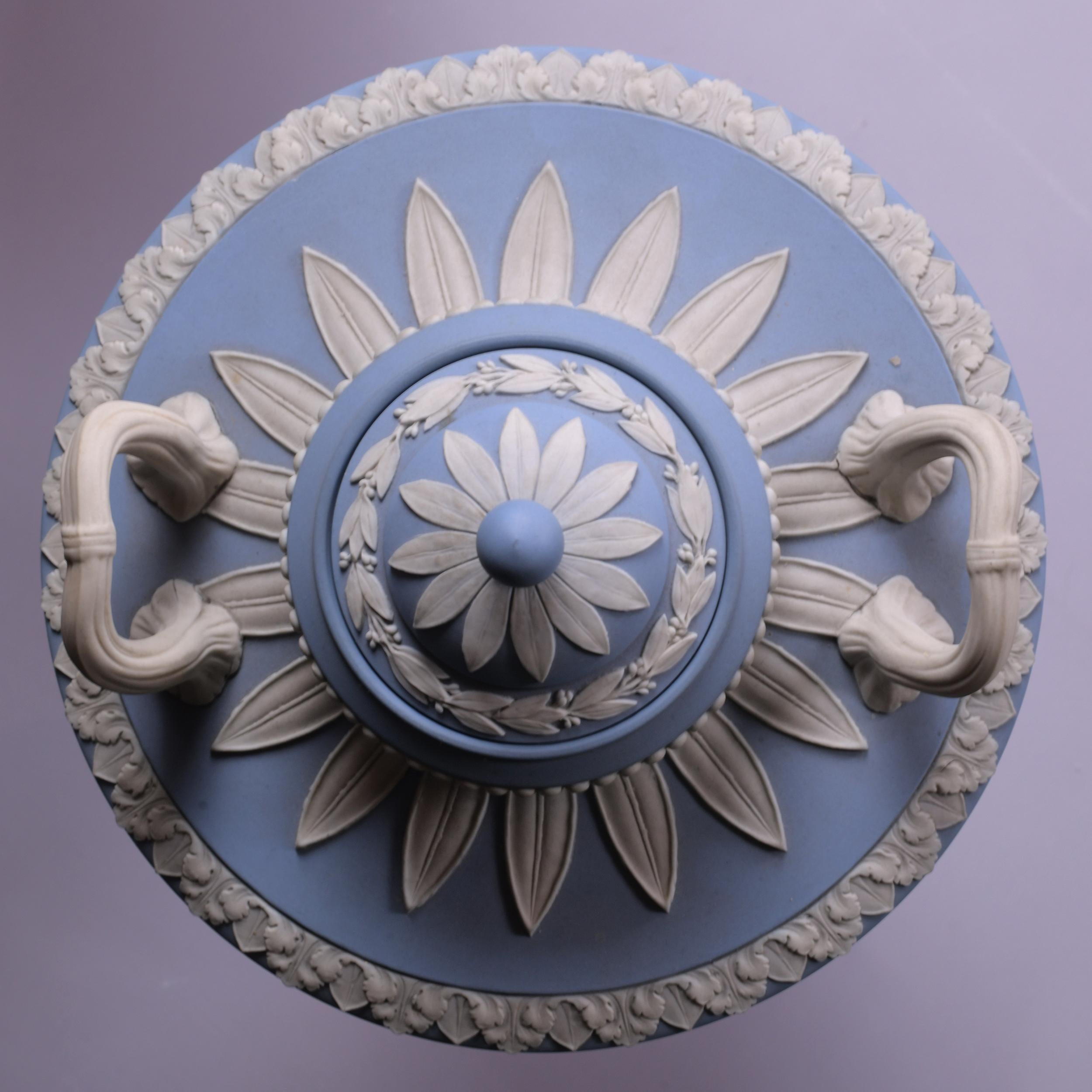 Stoneware Pair Of 19th Century Pale Blue & White Jasperware Vases & Covers By Wedgewood  