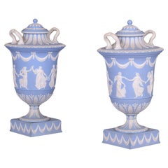Pair Of 19th Century Pale Blue & White Jasperware Vases & Covers By Wedgewood  