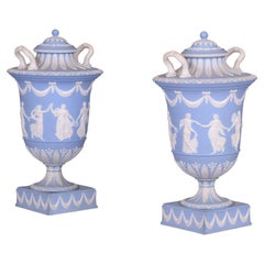 Pair Of 19th Century Pale Blue & White Jasperware Vases & Covers By Wedgewood